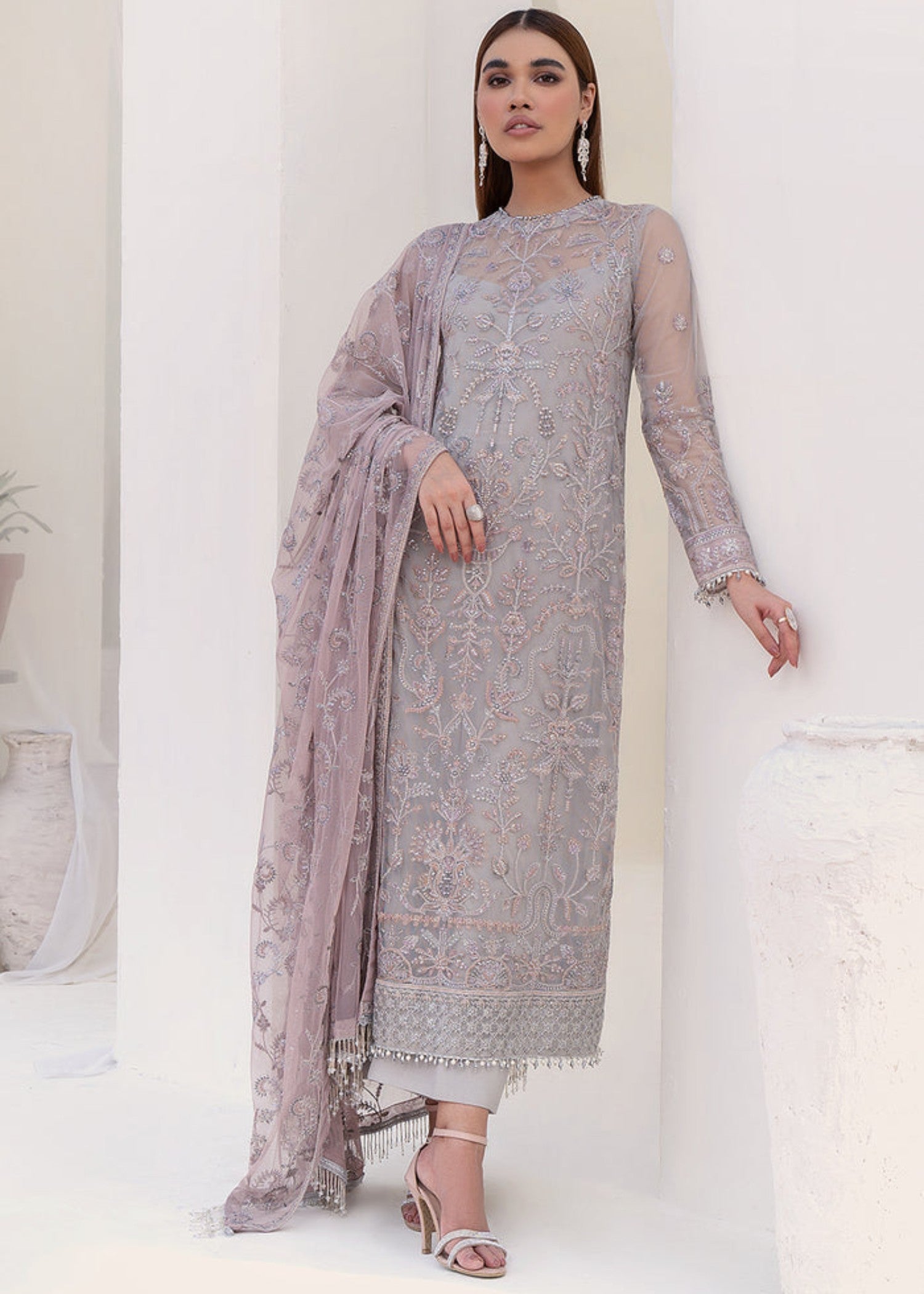 net Kurta Set in Grey