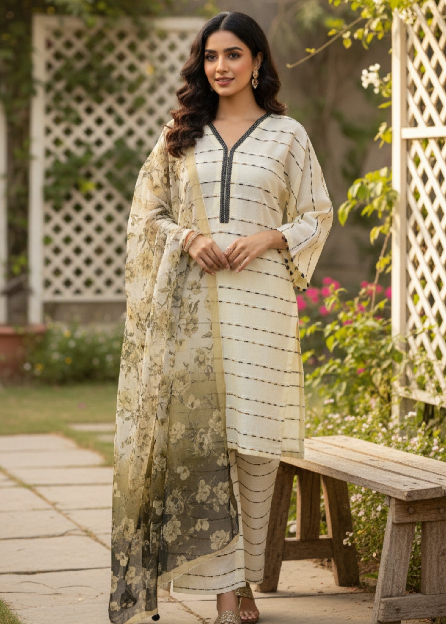 cotton karandi Kurta Set in Light yellow