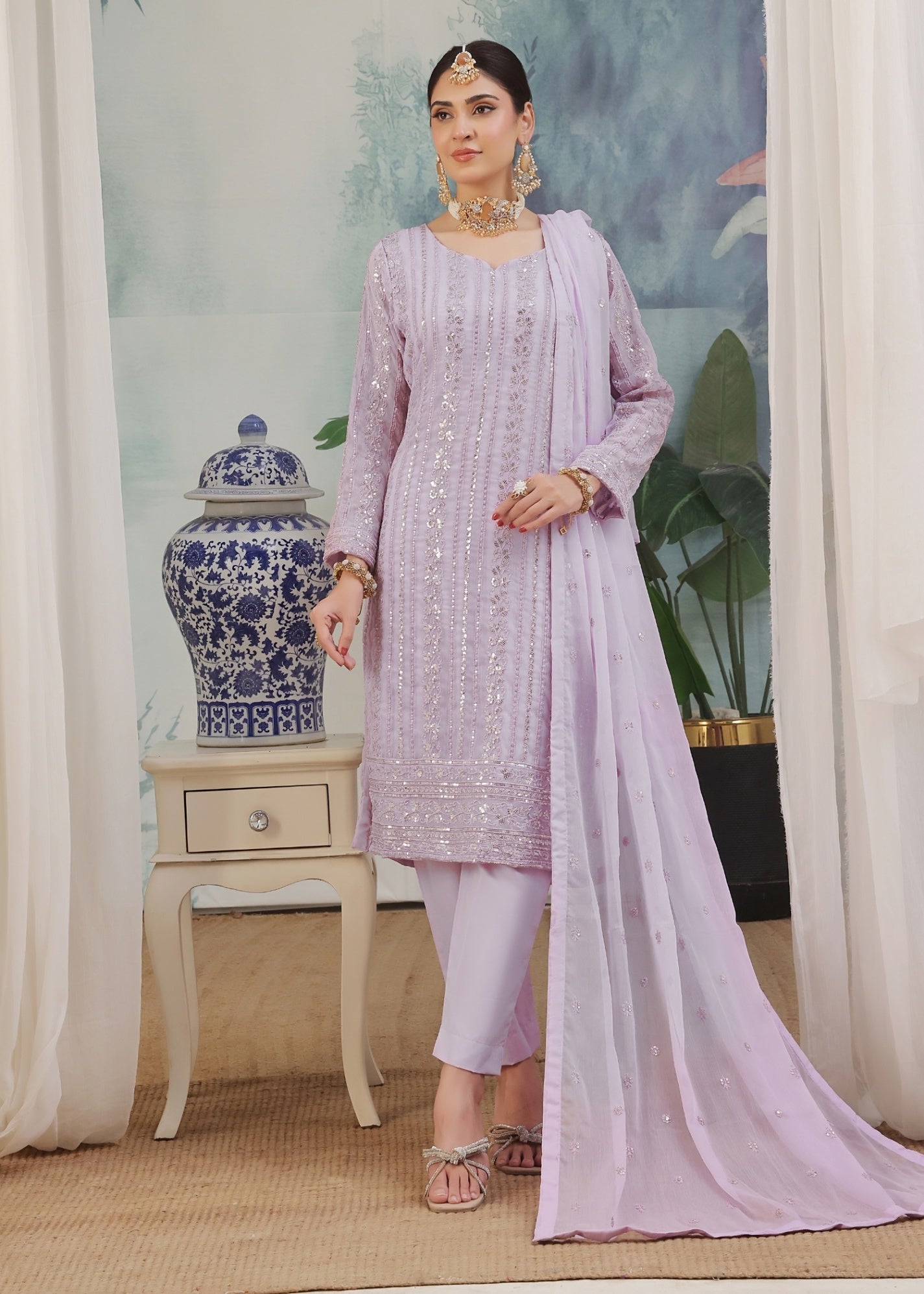 chiffon Kurta Set in Lilac