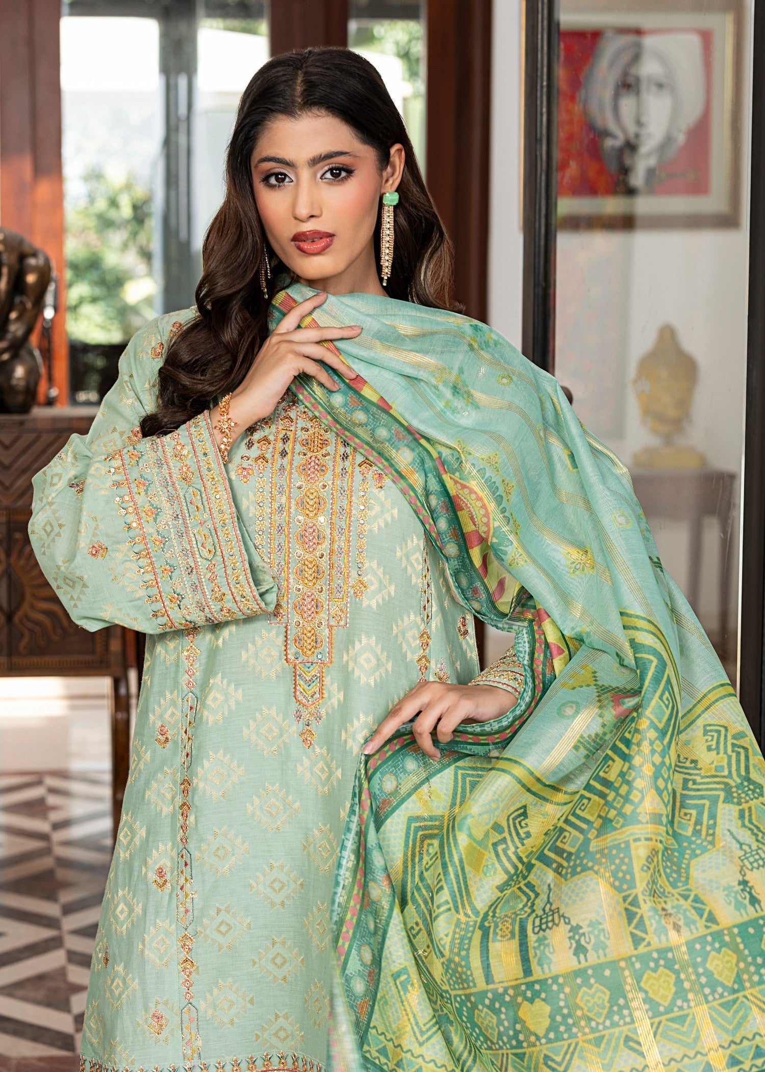 jacquard Kurta Set in Light cyan