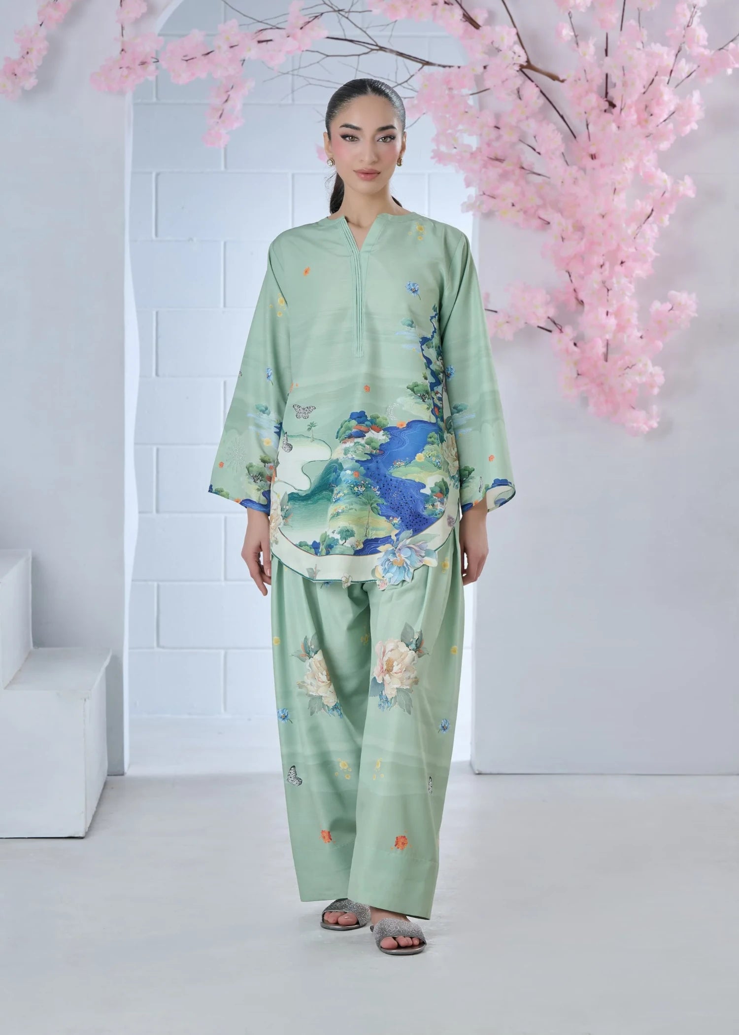 raw silk Co Ord Sets in Mint green