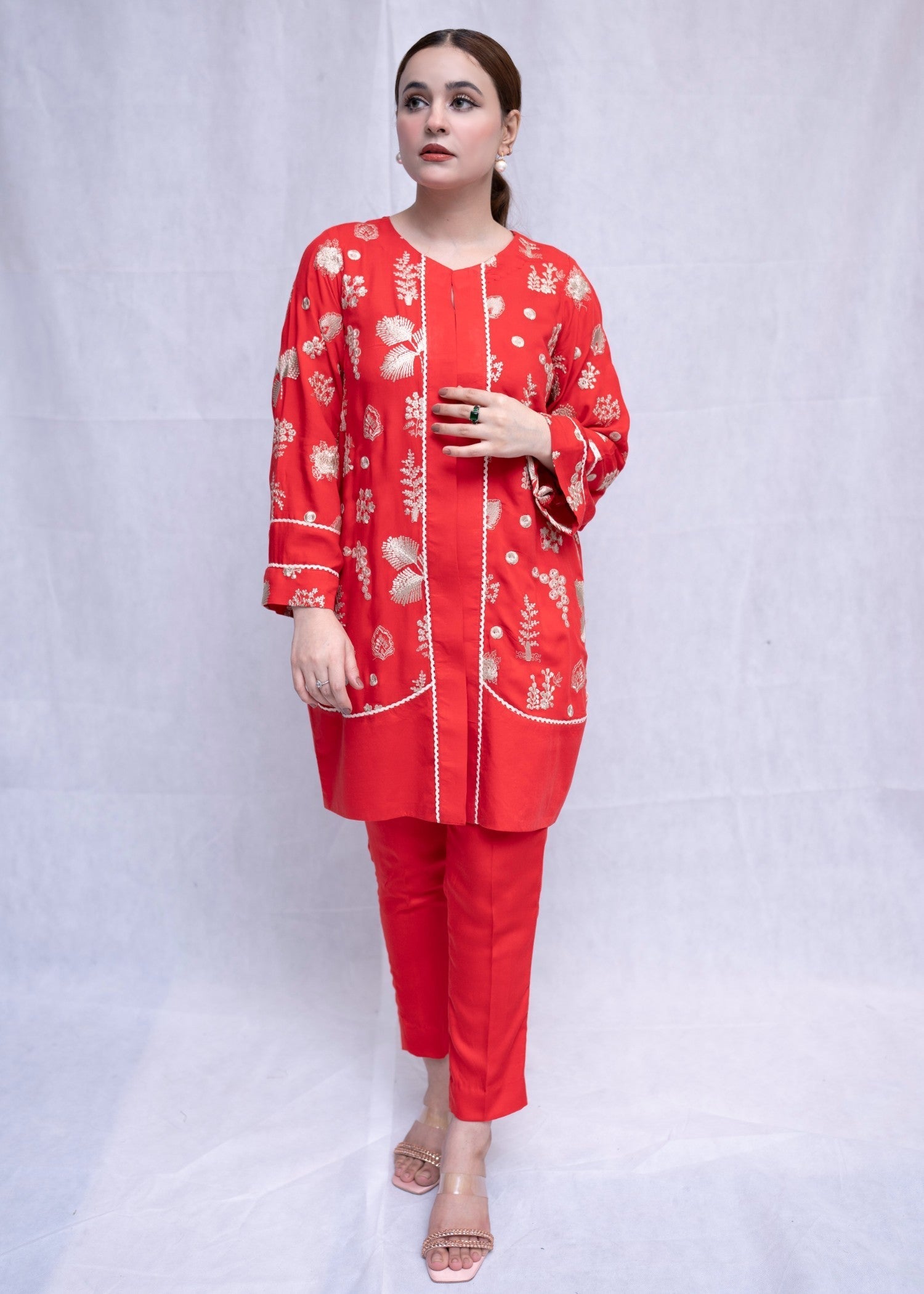 linen Kurta Set in Tomato red
