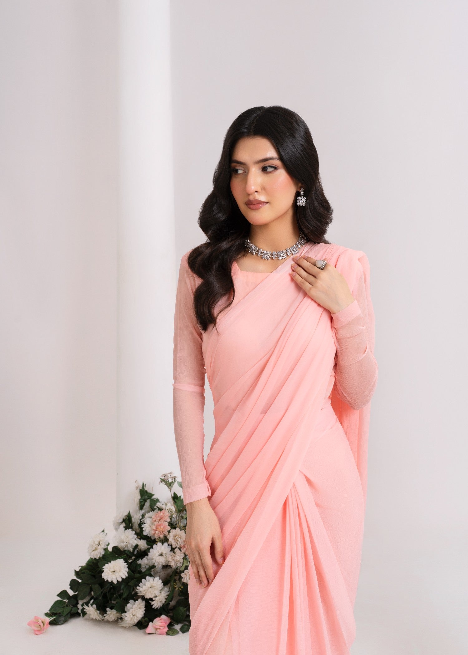 chiffon Saree in Peach pink