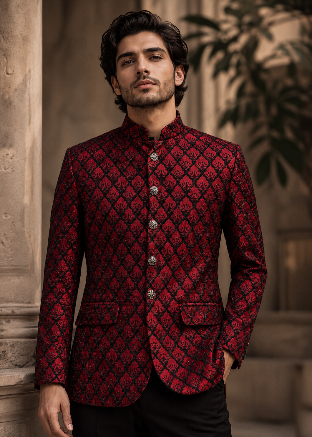 silk Prince Coat in Blood red, black