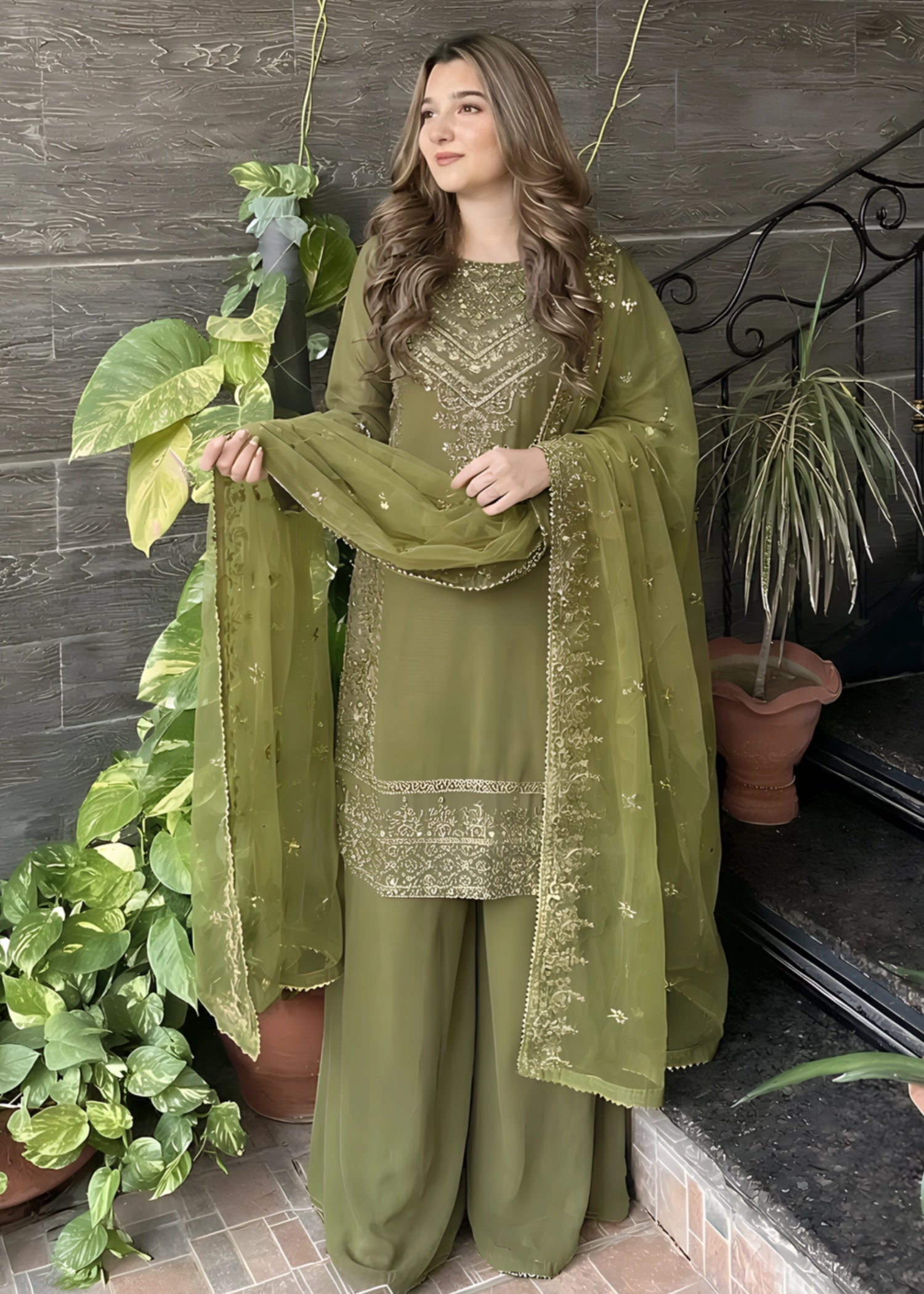 chiffon Sharara in Olive green