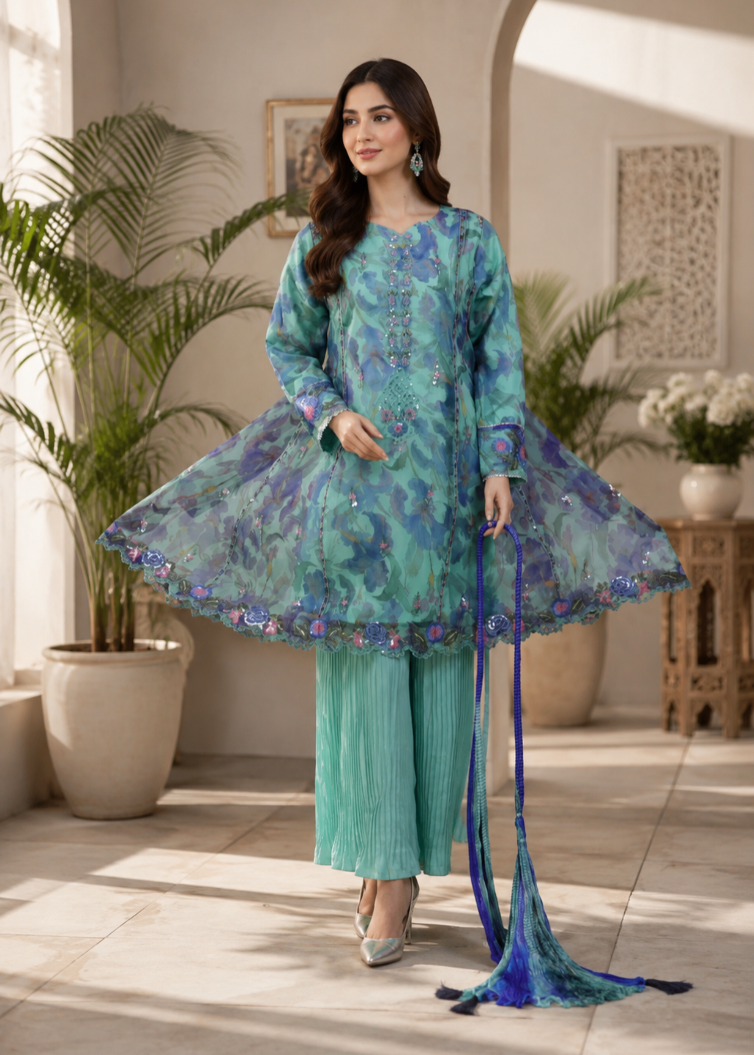 tissue Short Frock in Parrot green