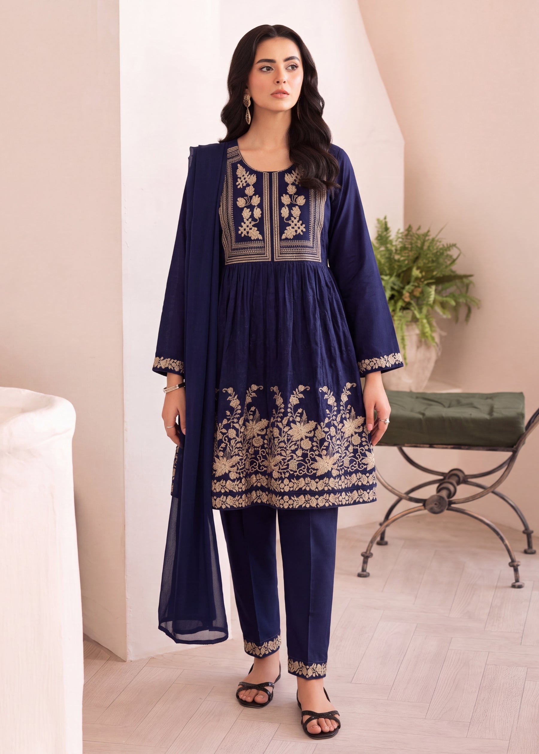 linen Short Frock in Navy blue