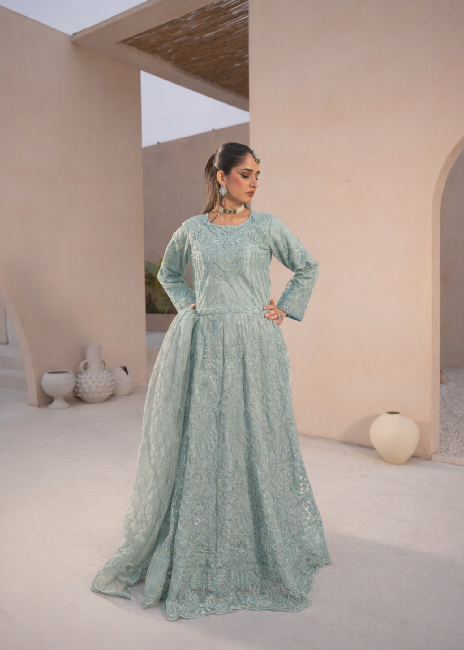 net Lehenga in Ash grey