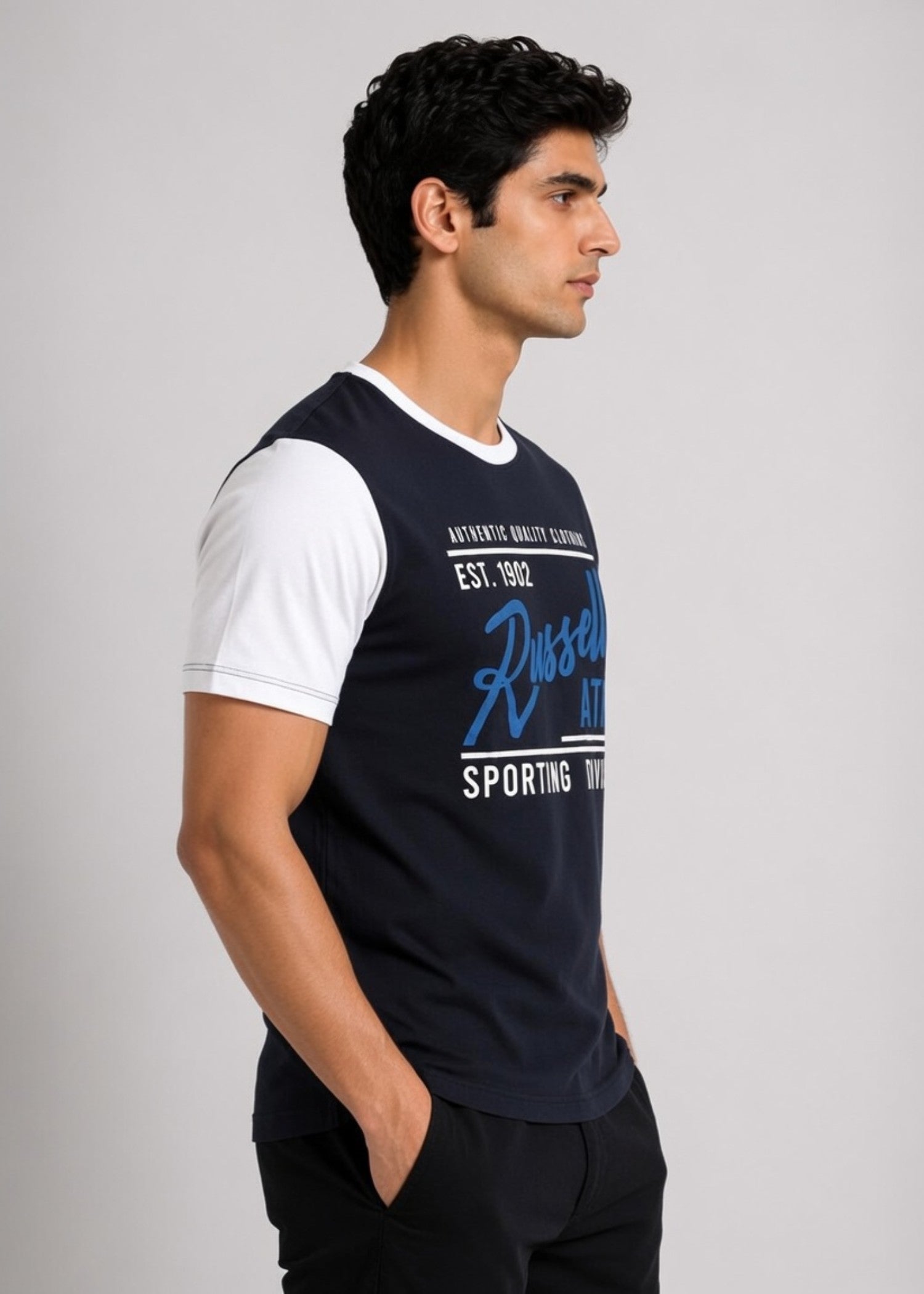 cotton T Shirt in Dark blue, white