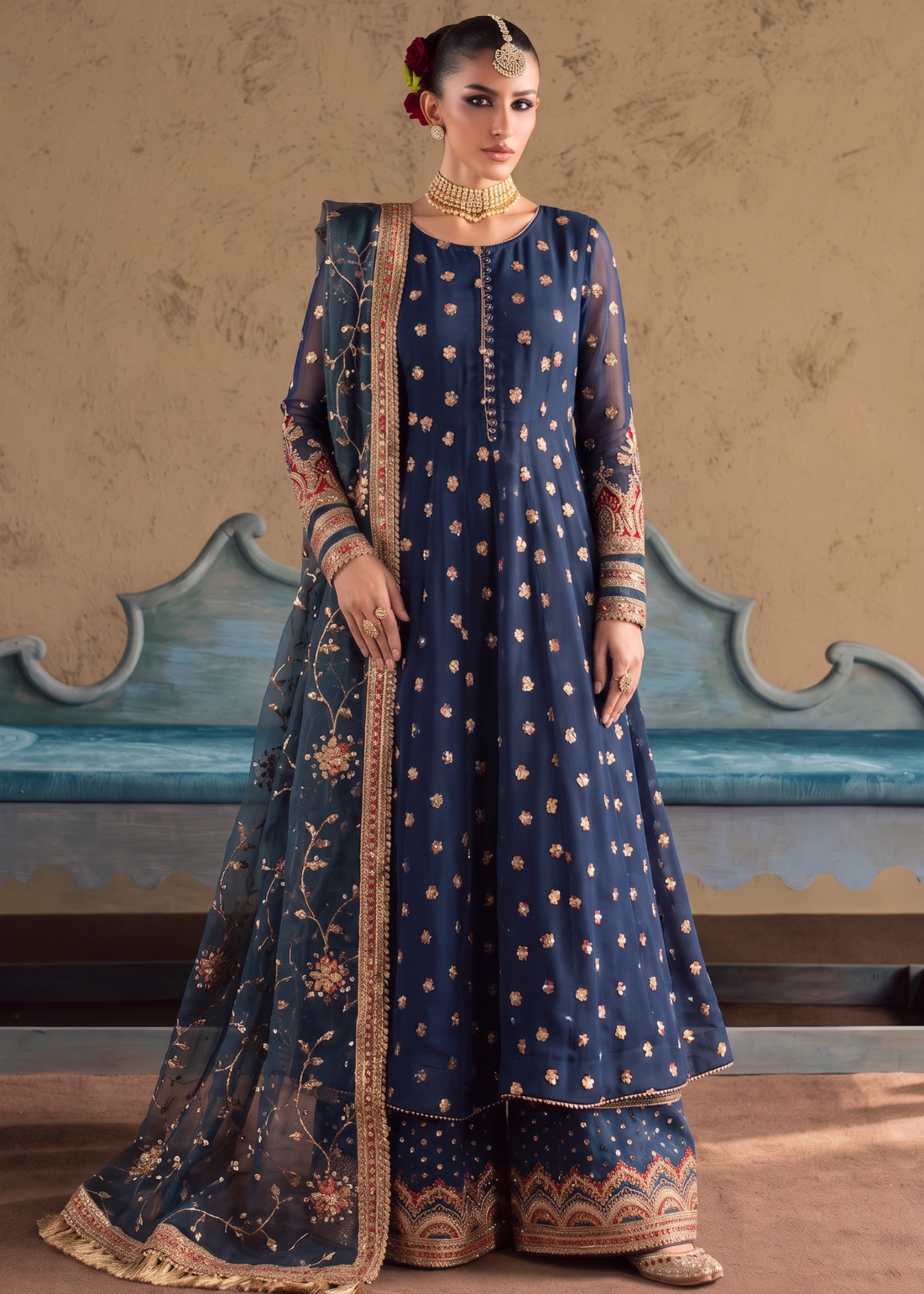 chiffon Pishwas in Cobalt blue