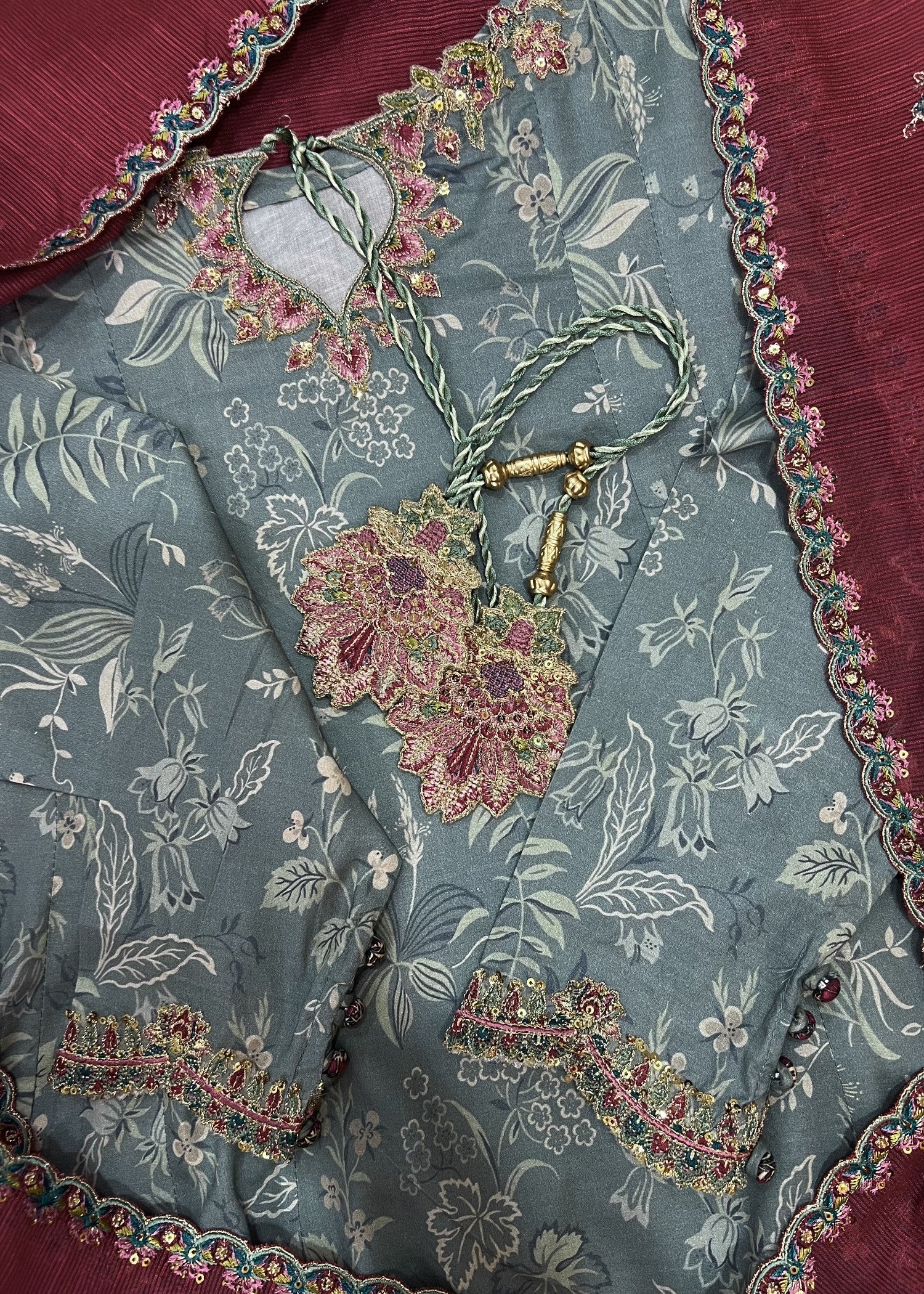 lawn Anarkali in Shocking pink, steel teal