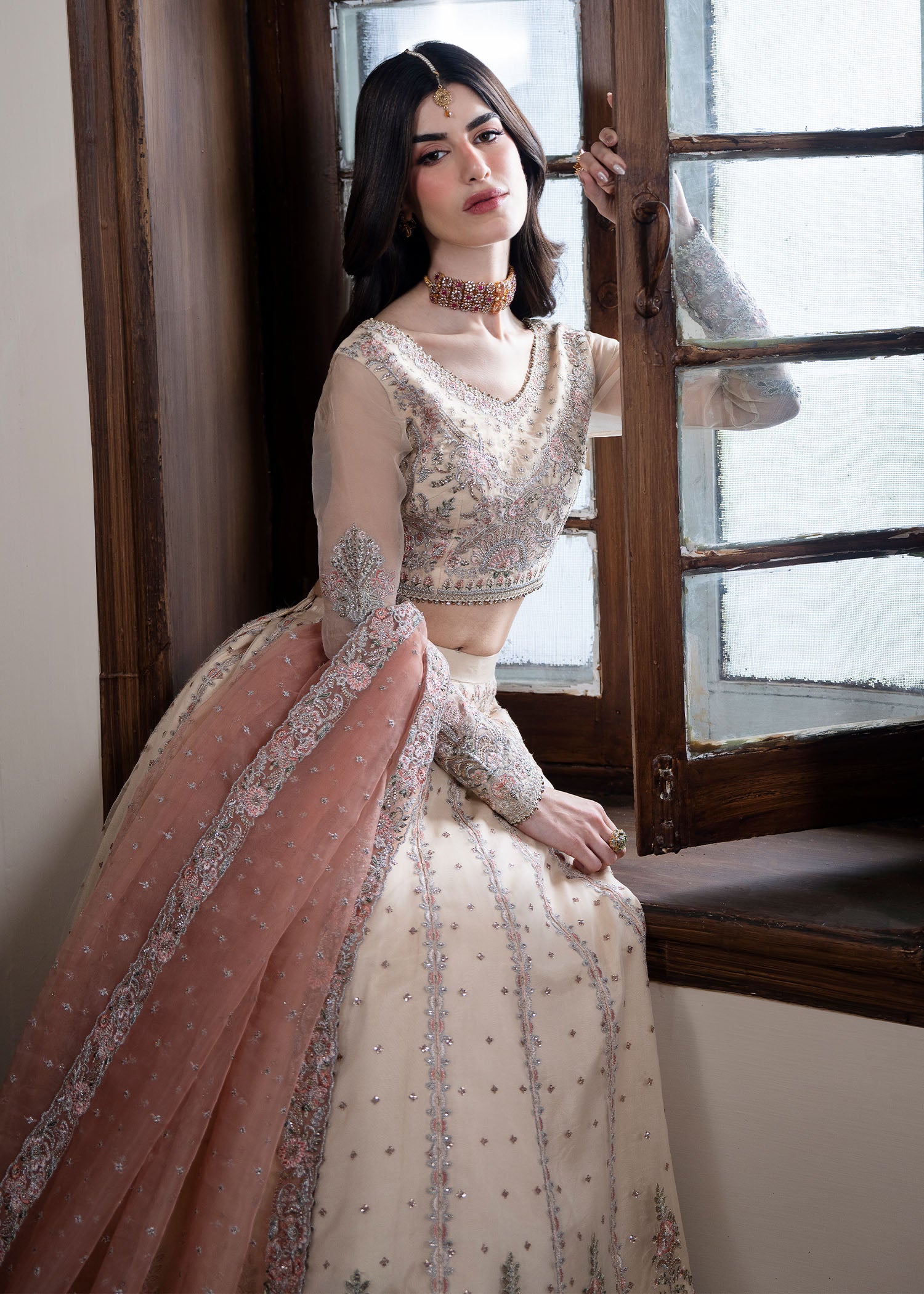 organza Lehenga in Beige