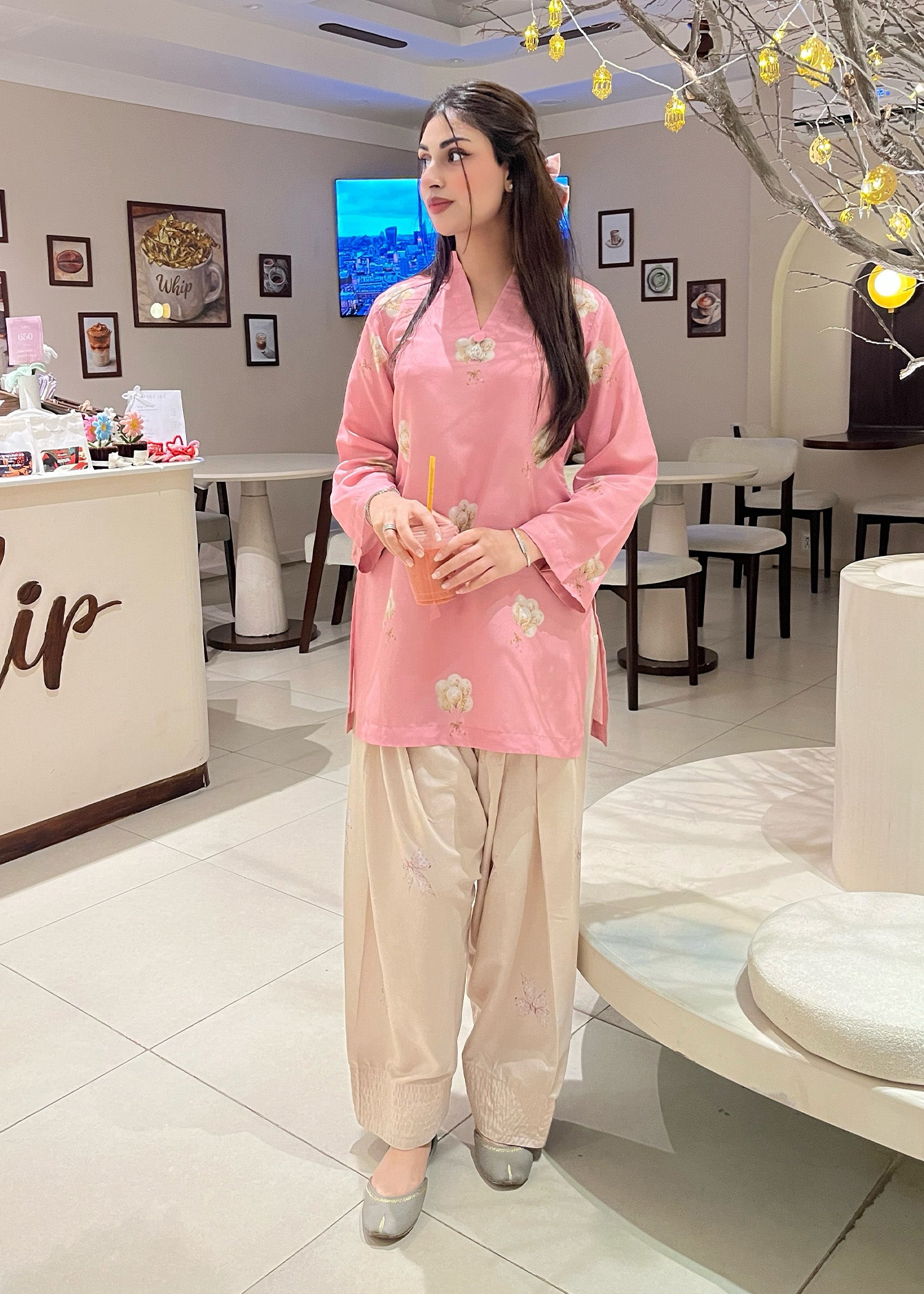 silk finish lawn Kurta Set in Pink