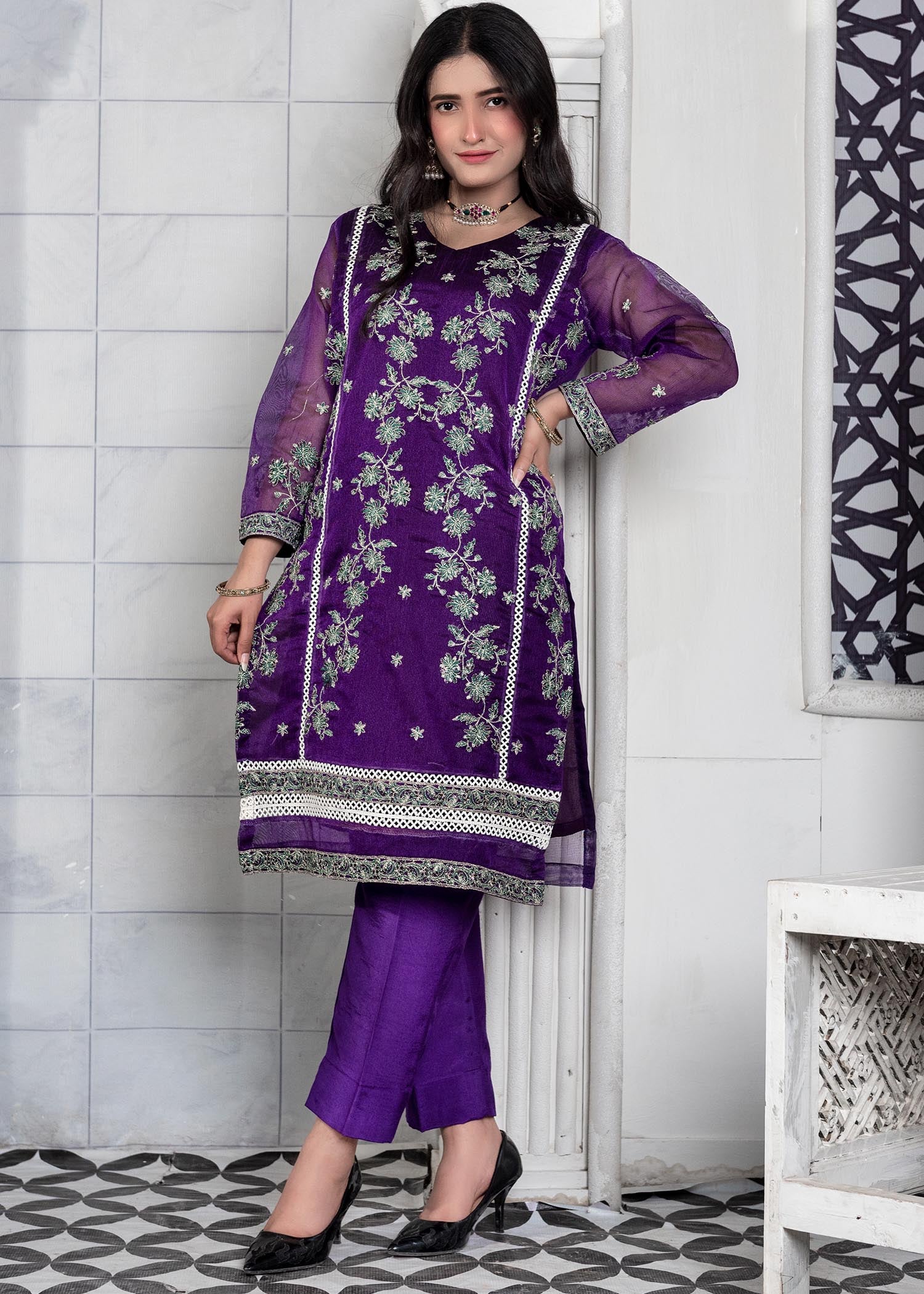 khaddi net shabnam zari Kurta Set in Purple
