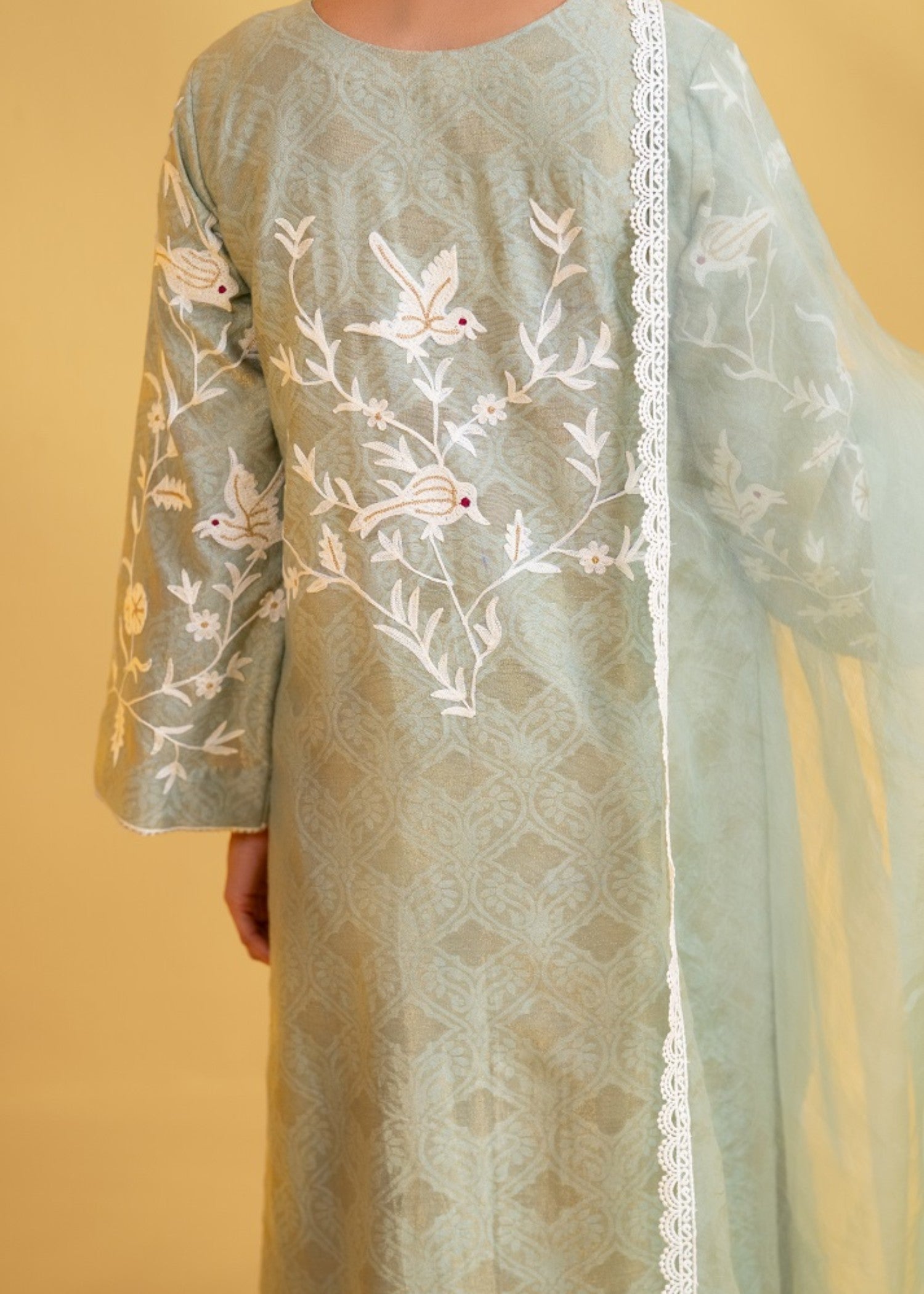 jacquard Kurta Set in Sage green