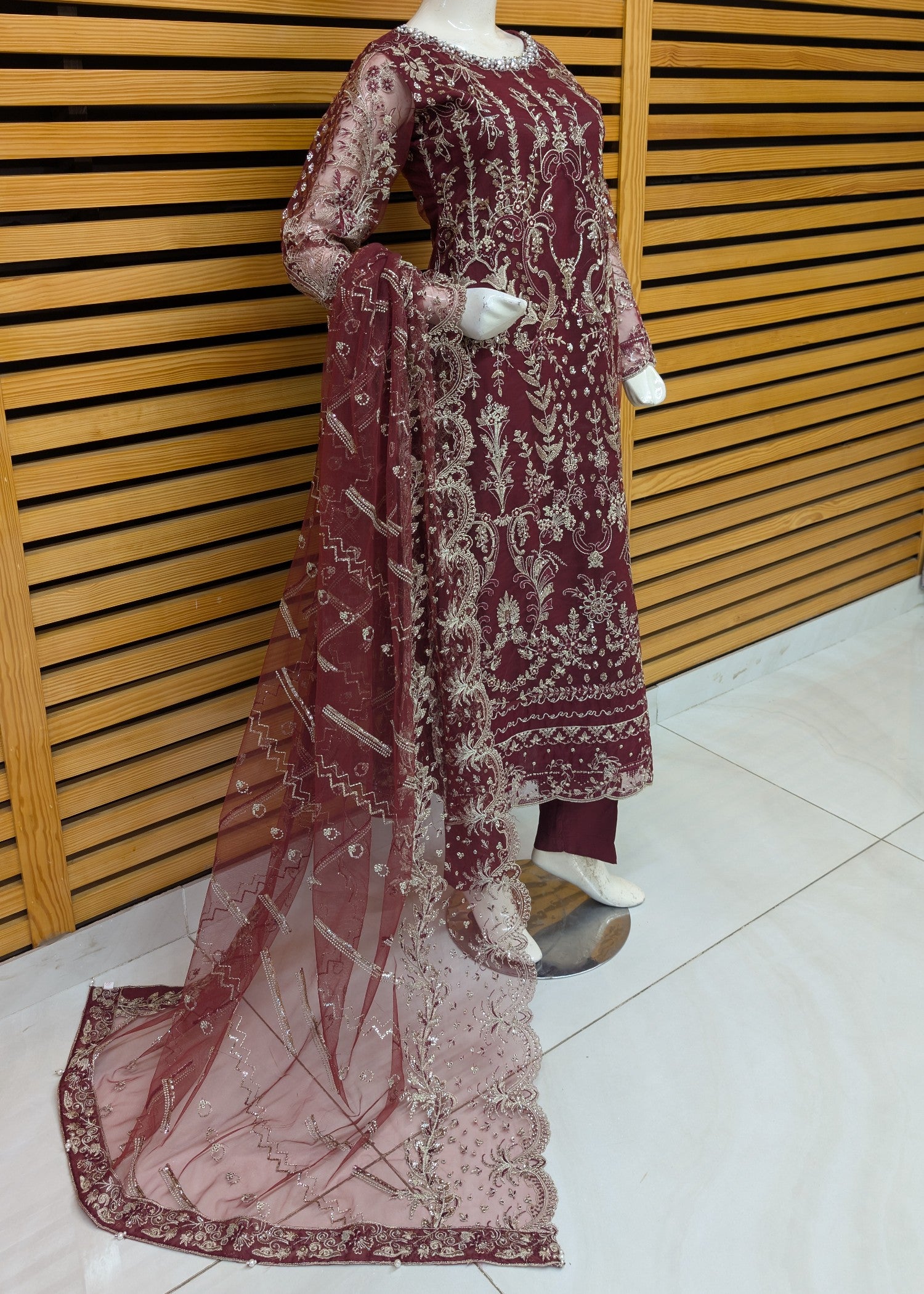 net Kurta Set in Burgundy