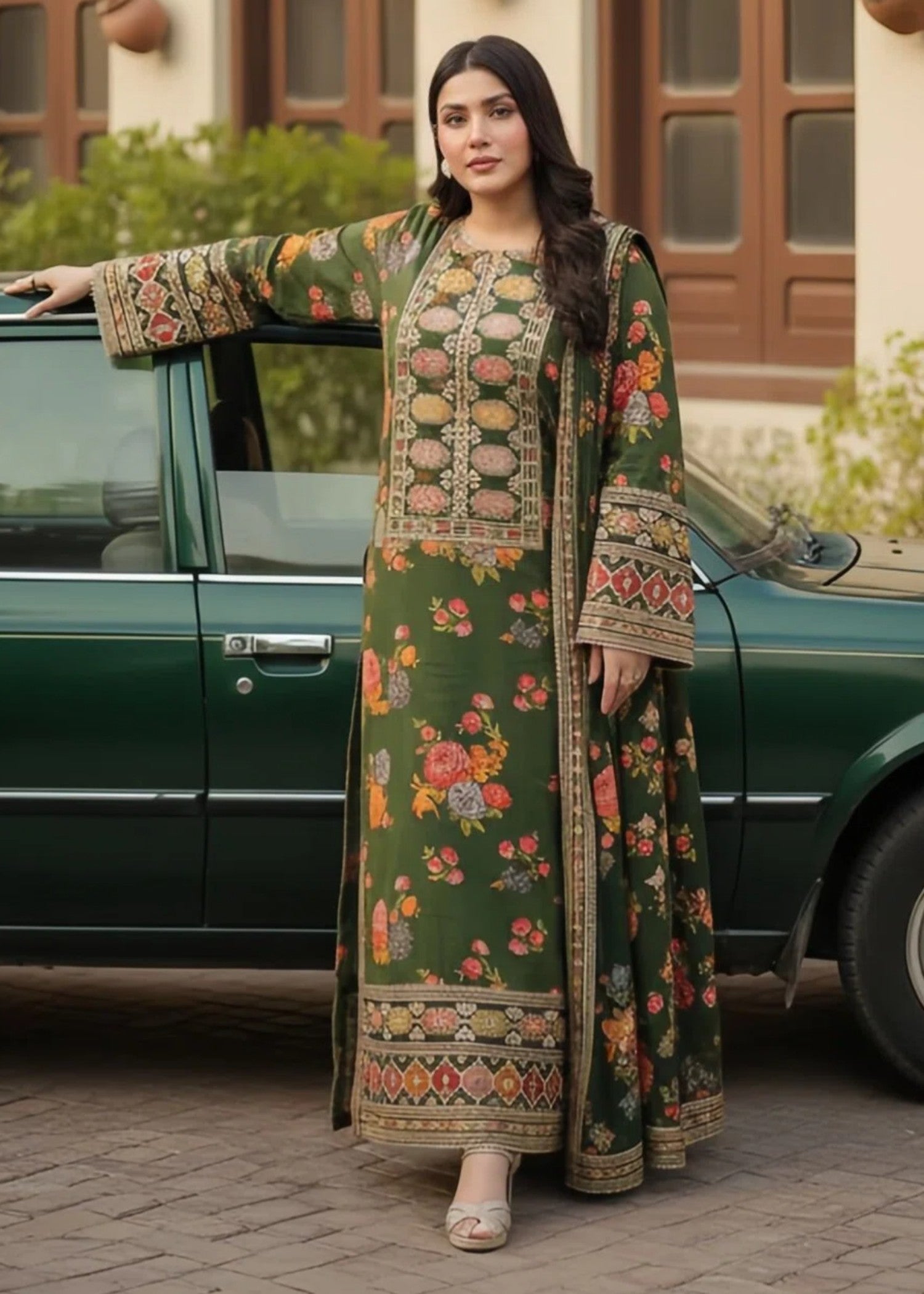 silk charmeuse Kurta Set in Forest green