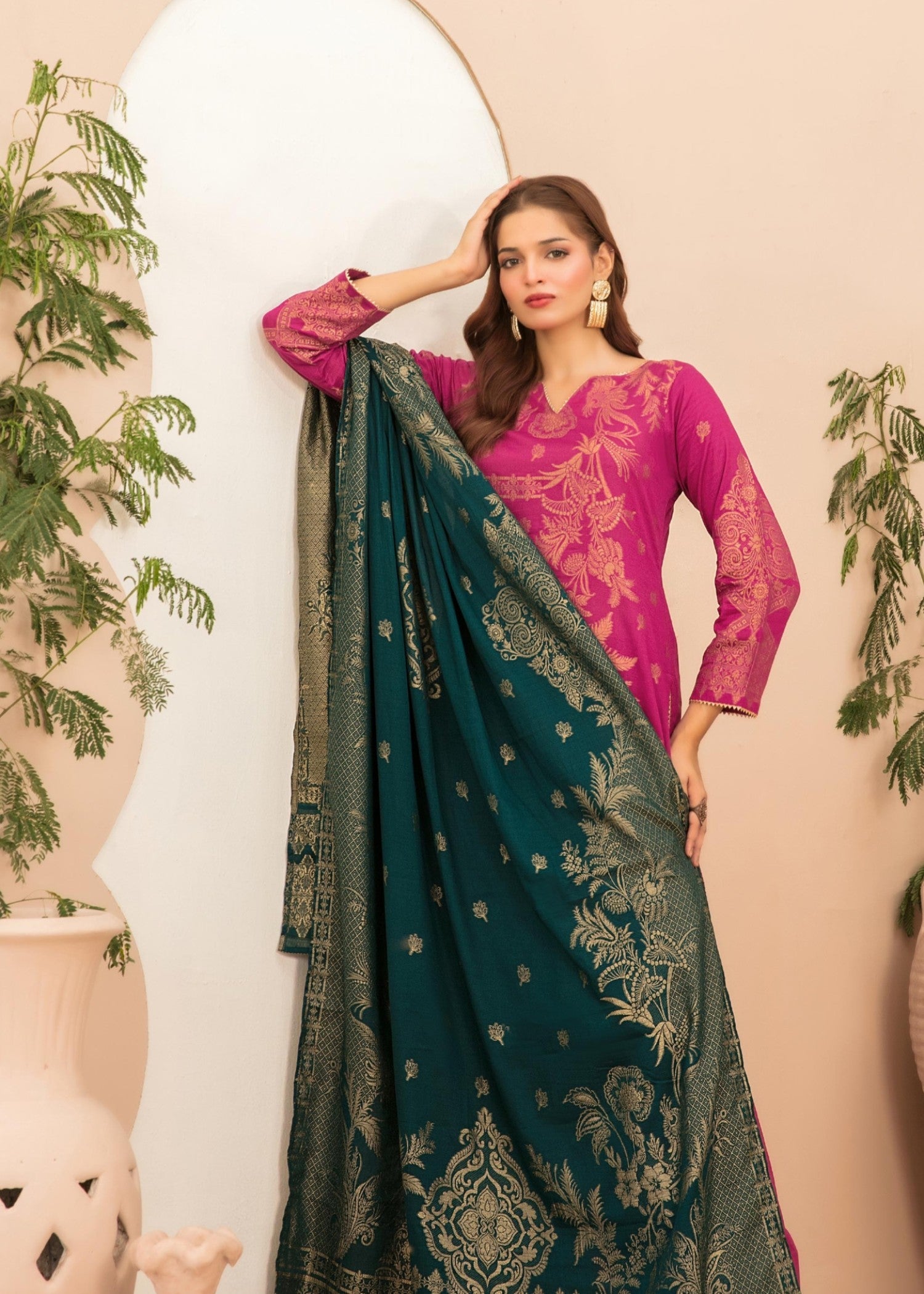 banarasi Kurta Set in Bottle green, shocking pink