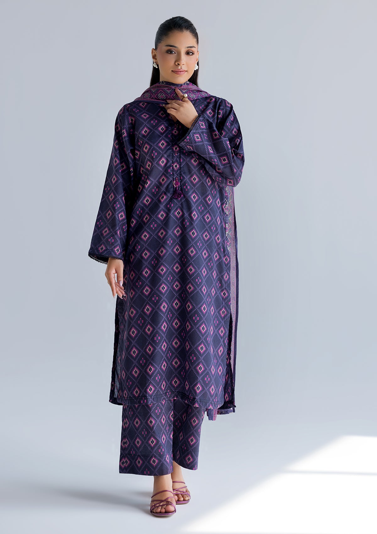 lawn Kurta Set in Purple heart