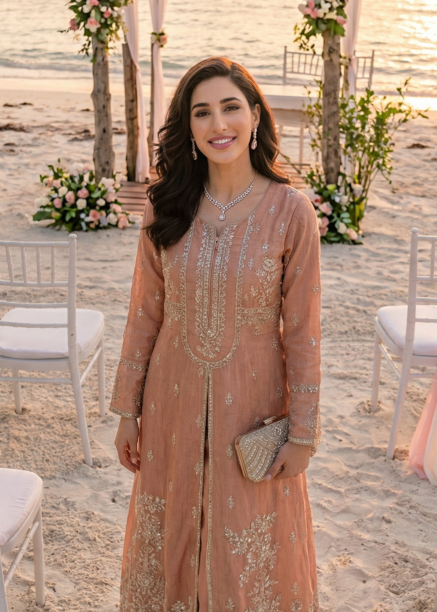 raw silk Maxi in Peach pink