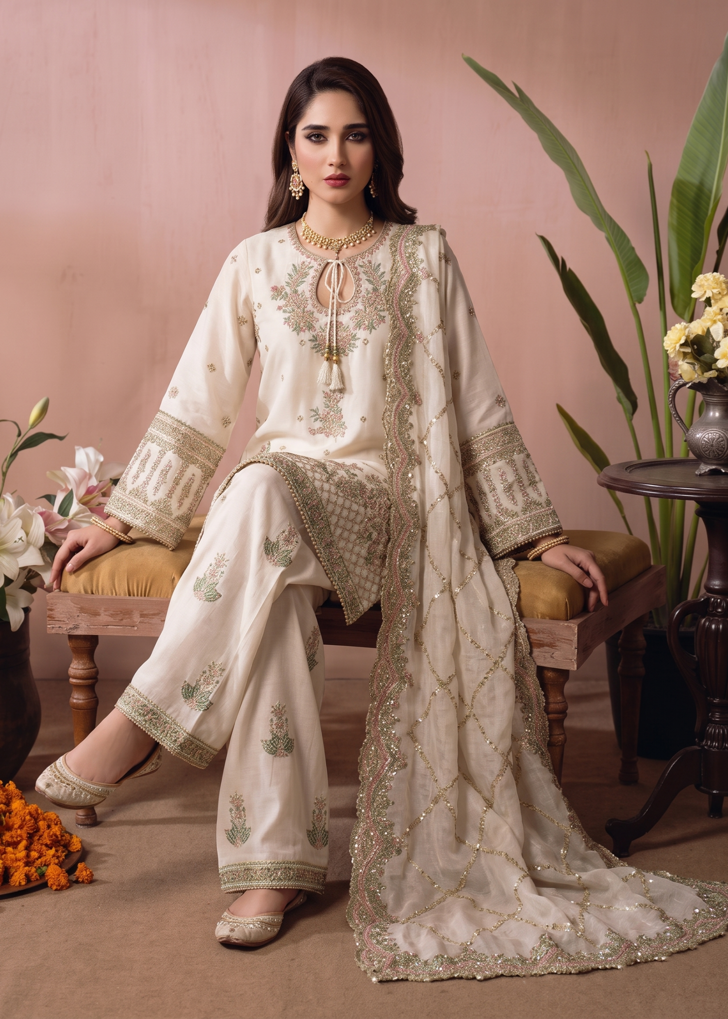 raw silk Kurta Set in Off-white