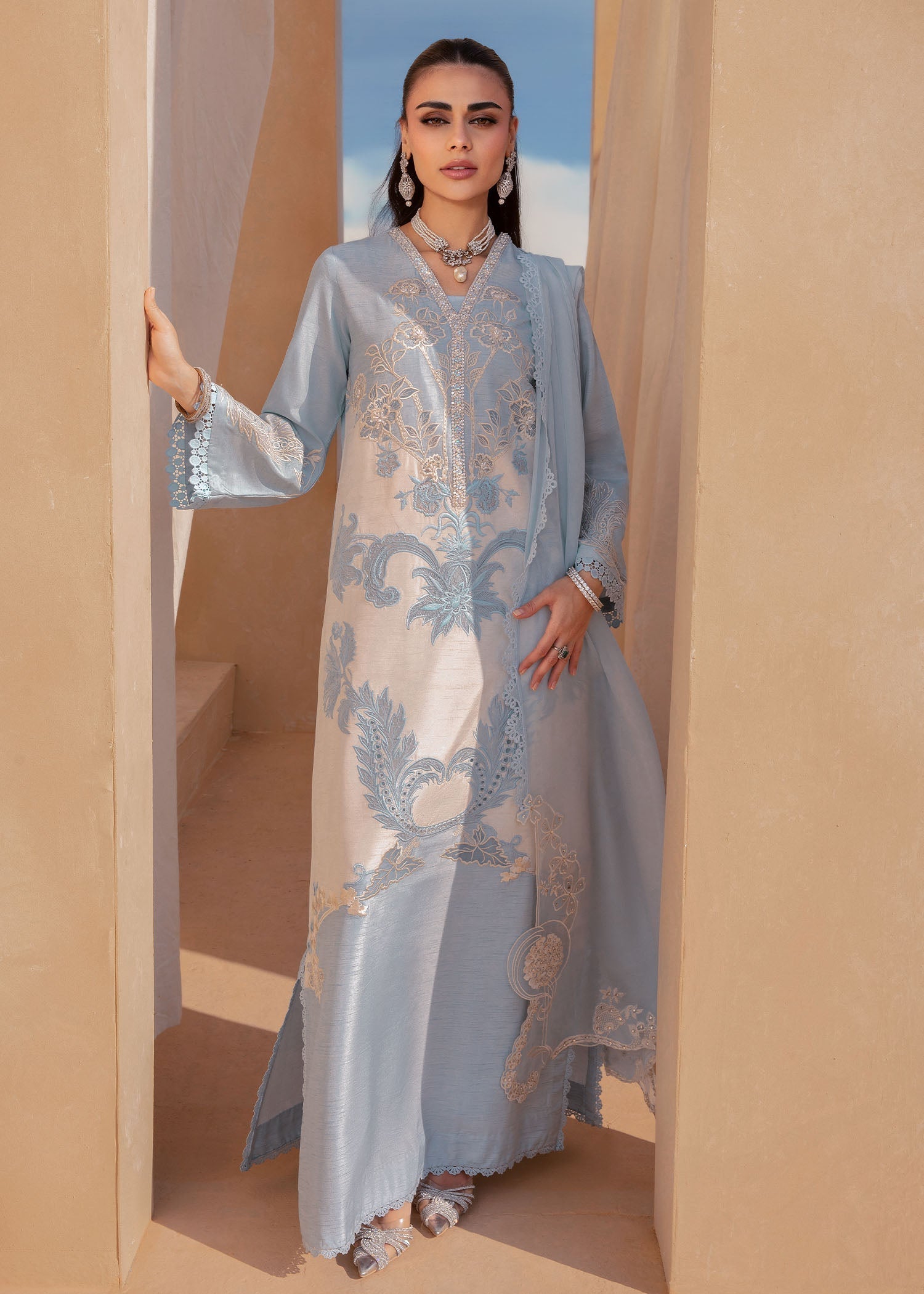 korean raw silk Kurta Set in Sky blue