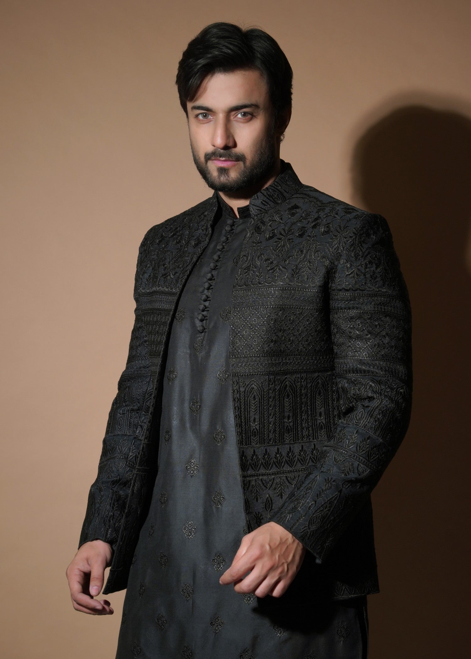 viscose raw silk Prince Coat in Black