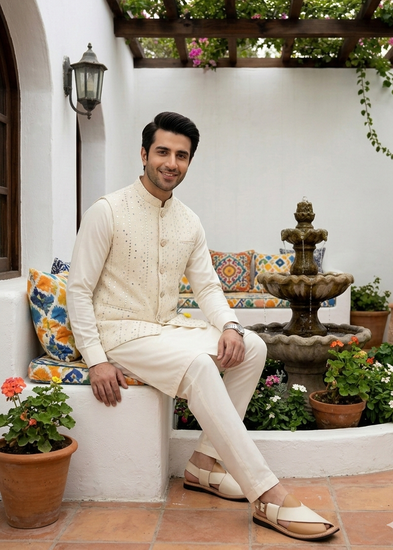 jamawar Waistcoat in Off-white, ivory