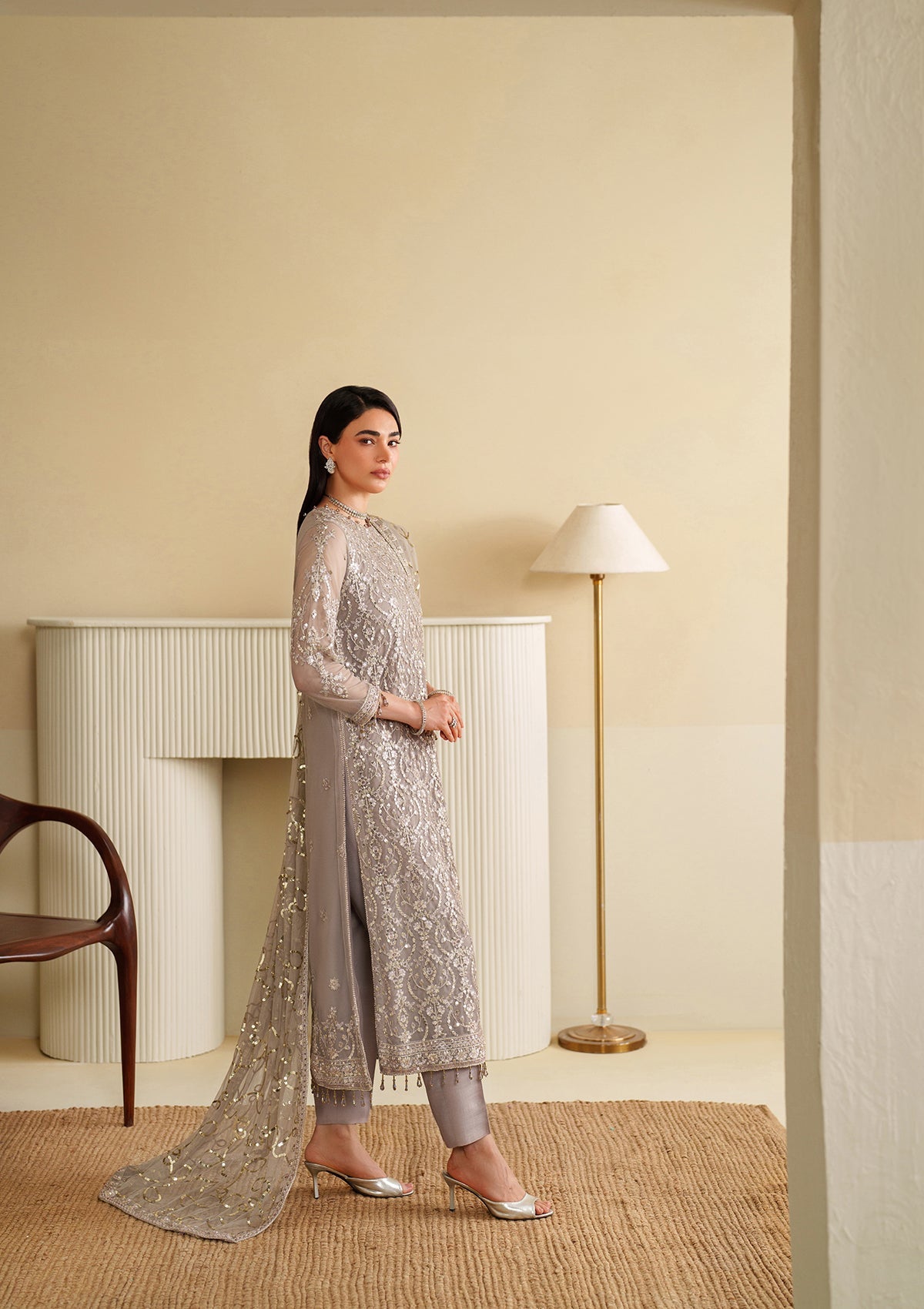 khaddi net Kurta Set in Silver