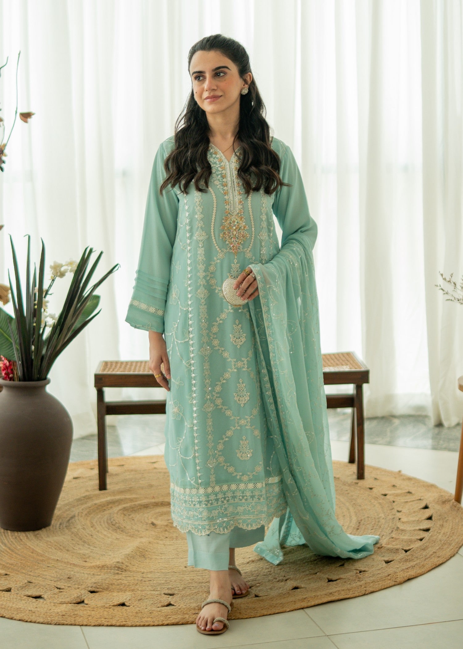 chiffon Kurta Set in Moss green