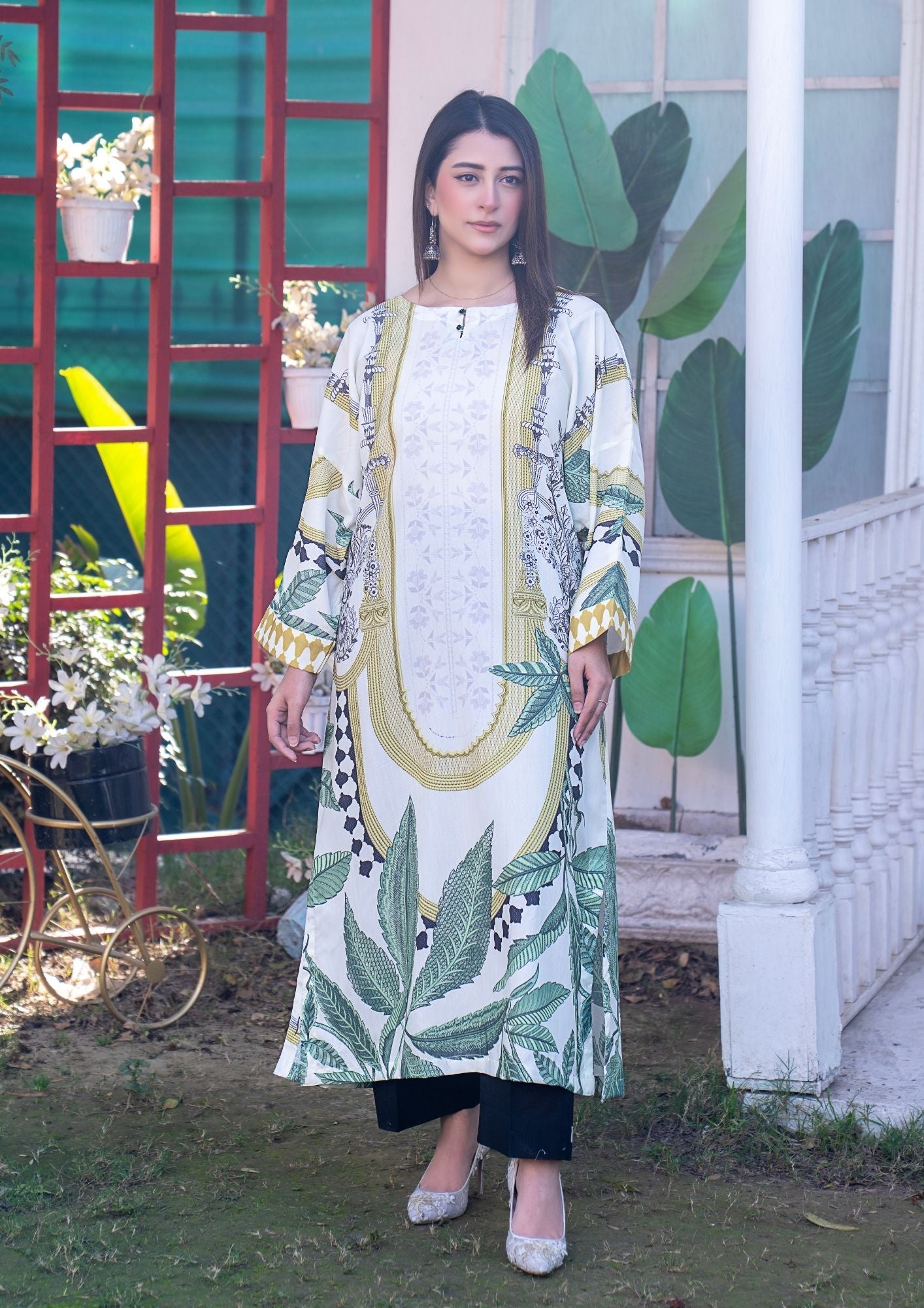 arabic lawn Kurta Set in Beige, olive green