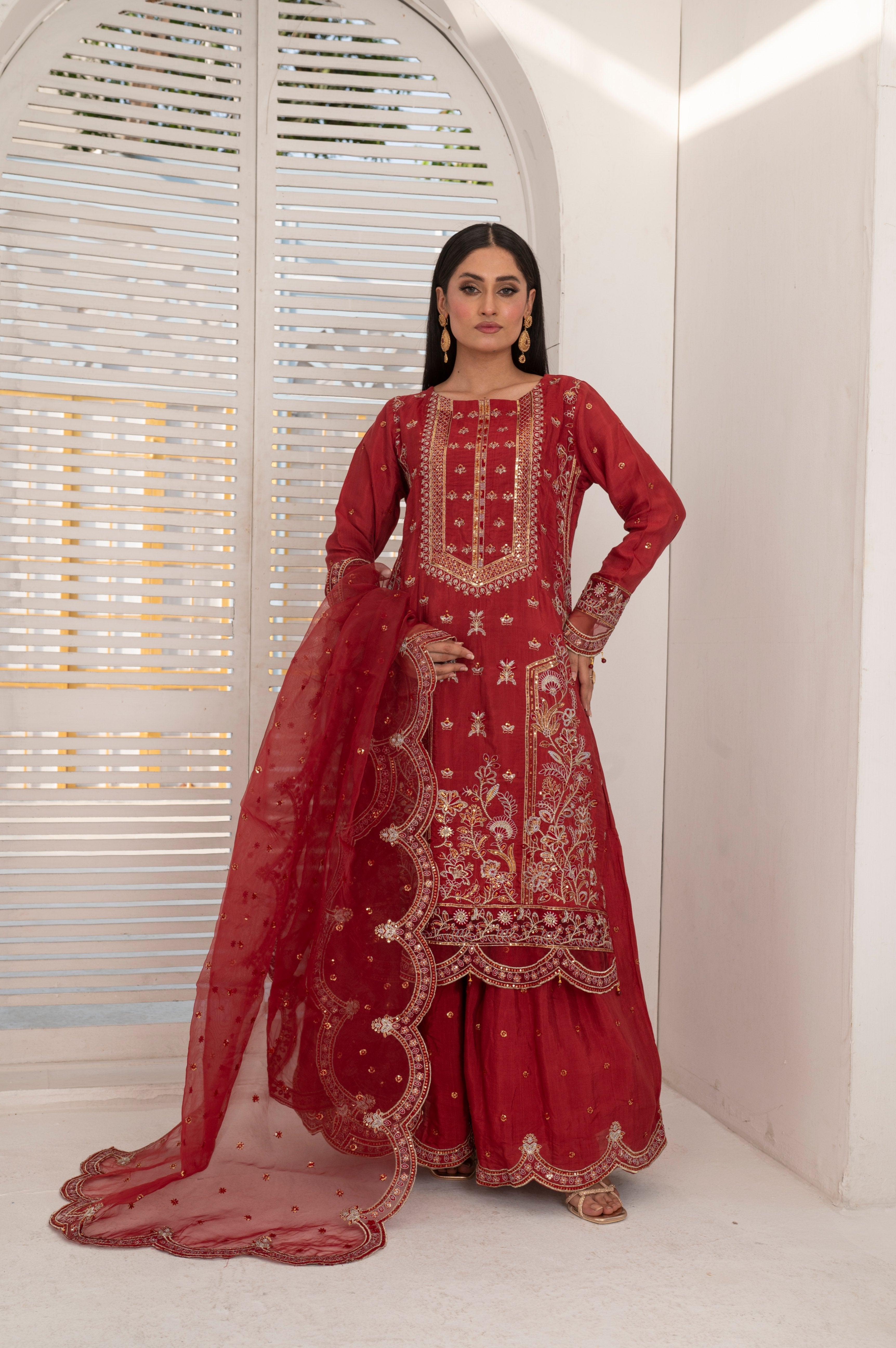 raw silk Sharara in Blood red