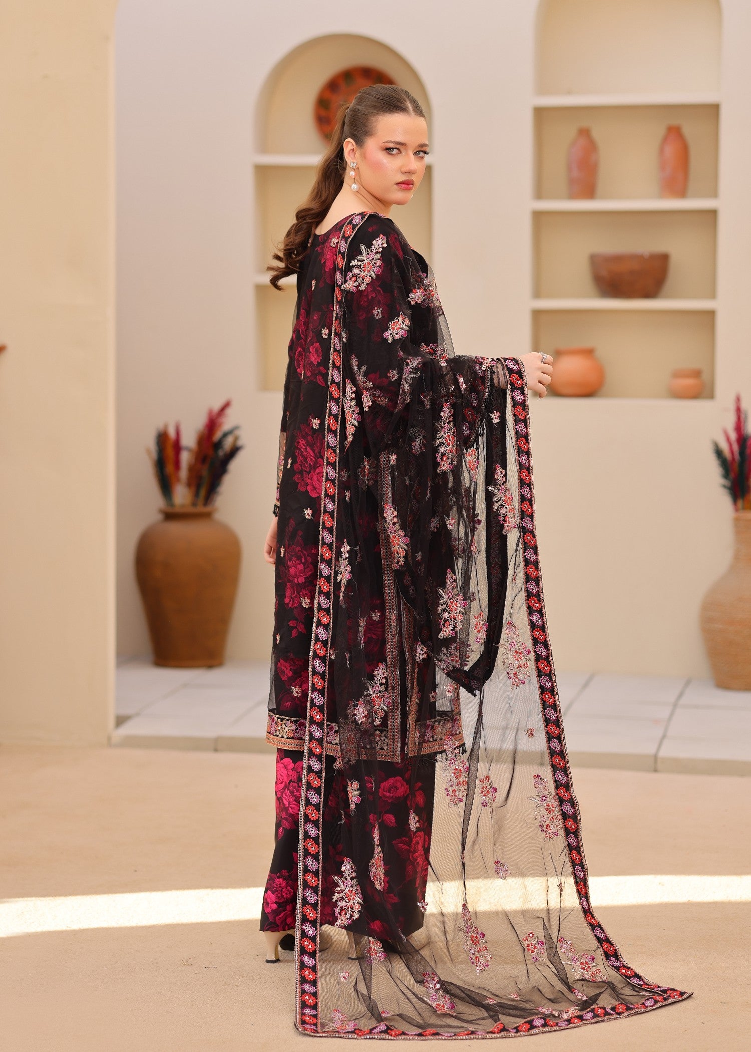 net Kurta Set in Black