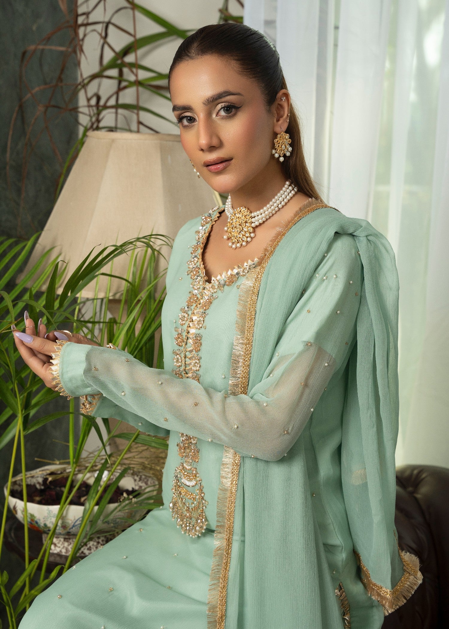 chiffon Kurta Set in Tea green
