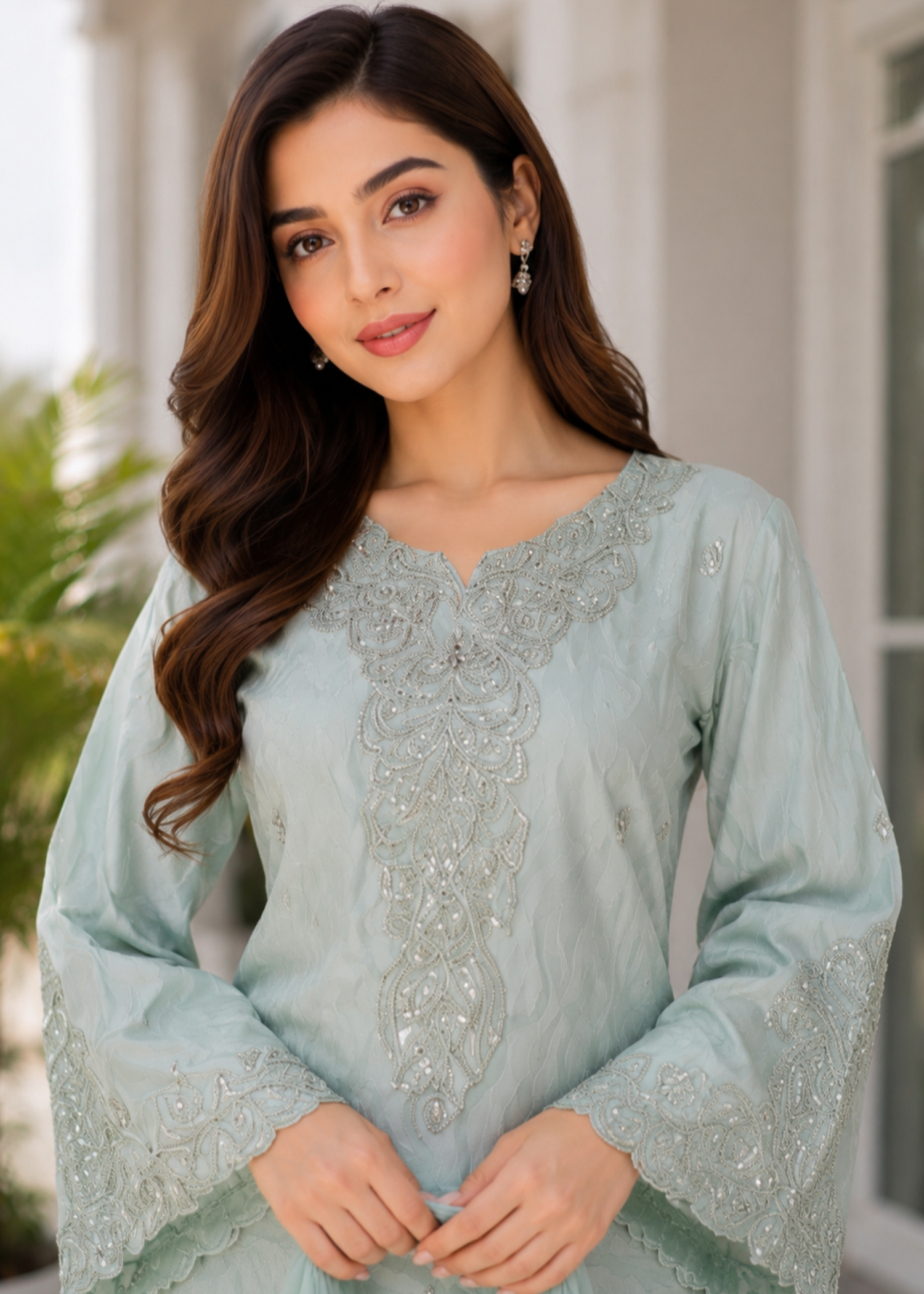jacquard chiffon Kurta Set in Moss green