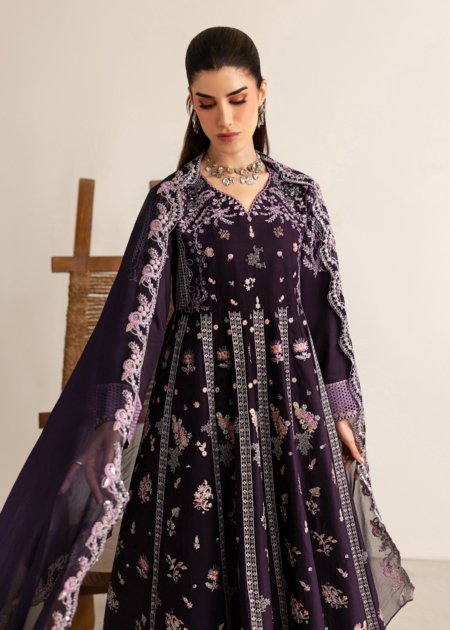 lawn cotton Pishwas in Plum purple
