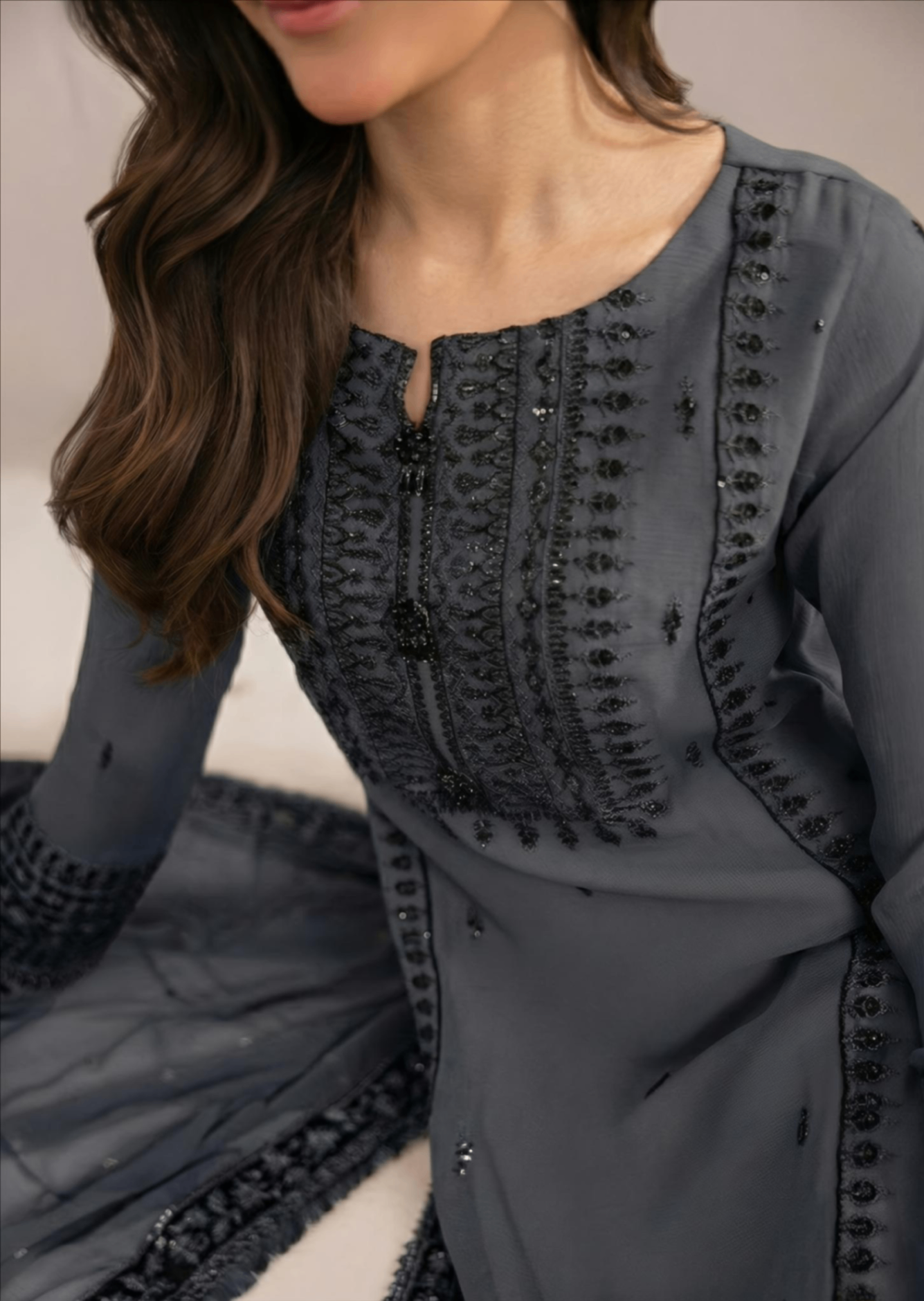 bemberg crinkle chiffon Kurta Set in Grey