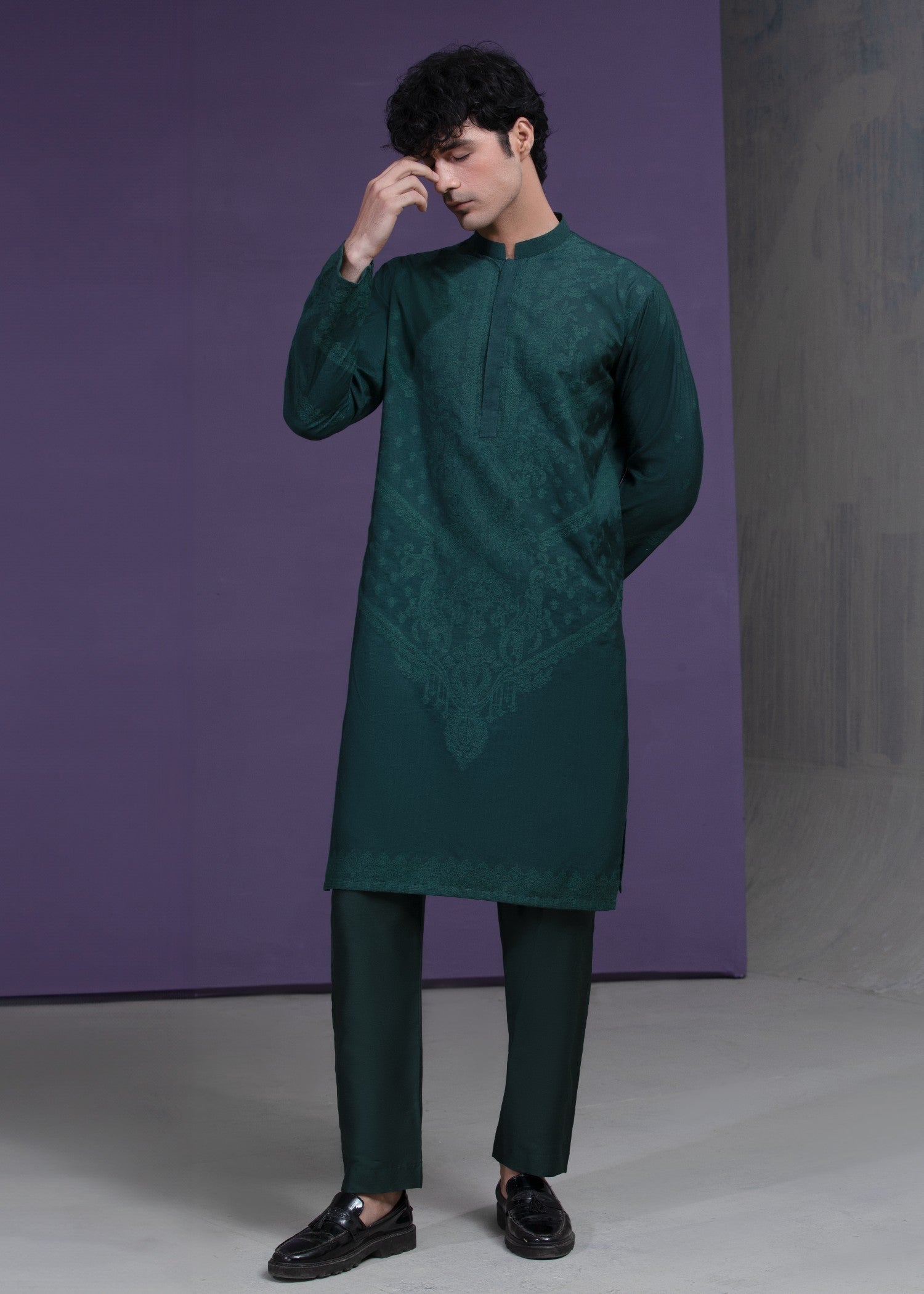 cotton silk Kurta Set in Dark green