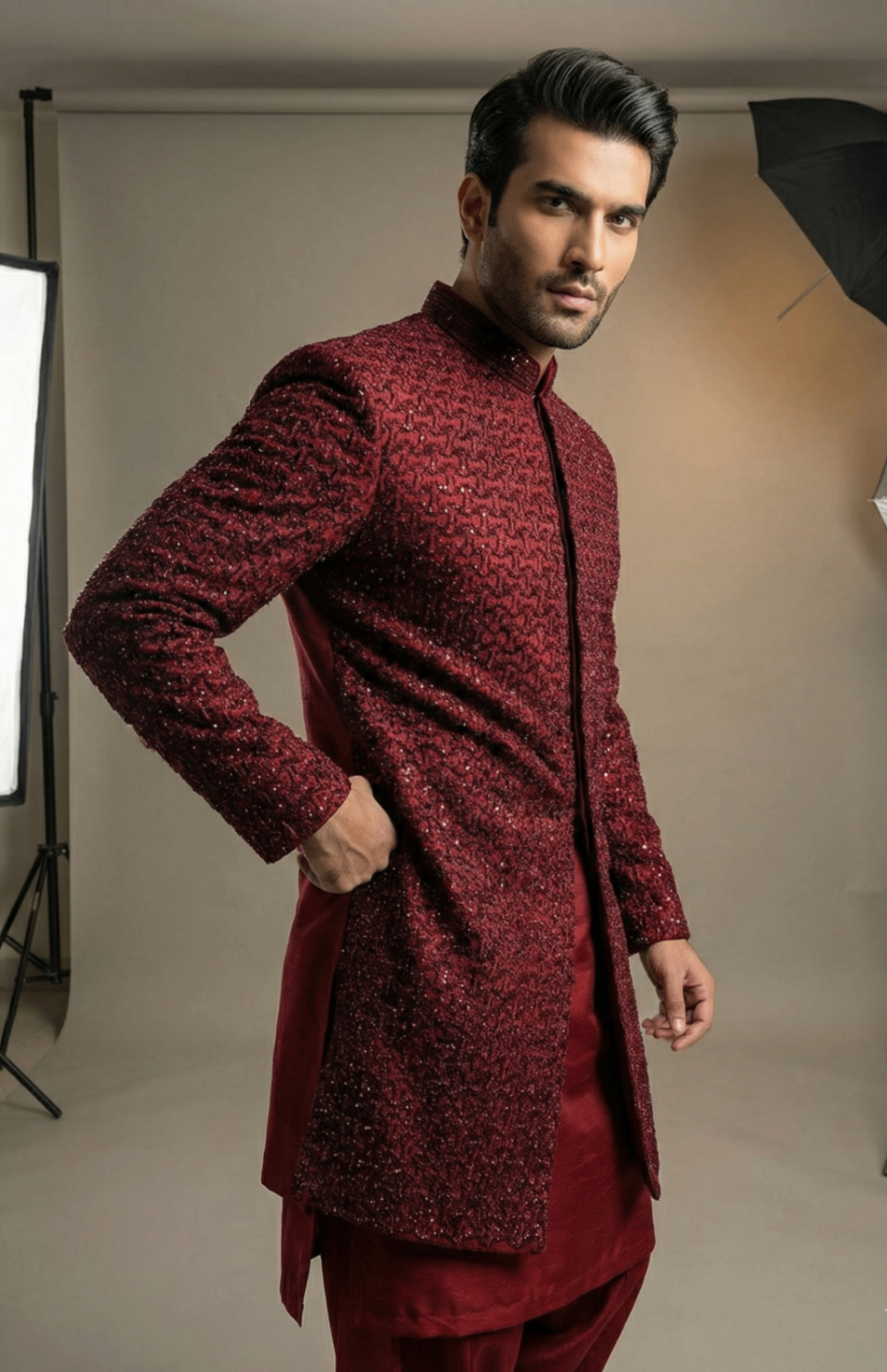 jamawar Sherwani in Black, maroon
