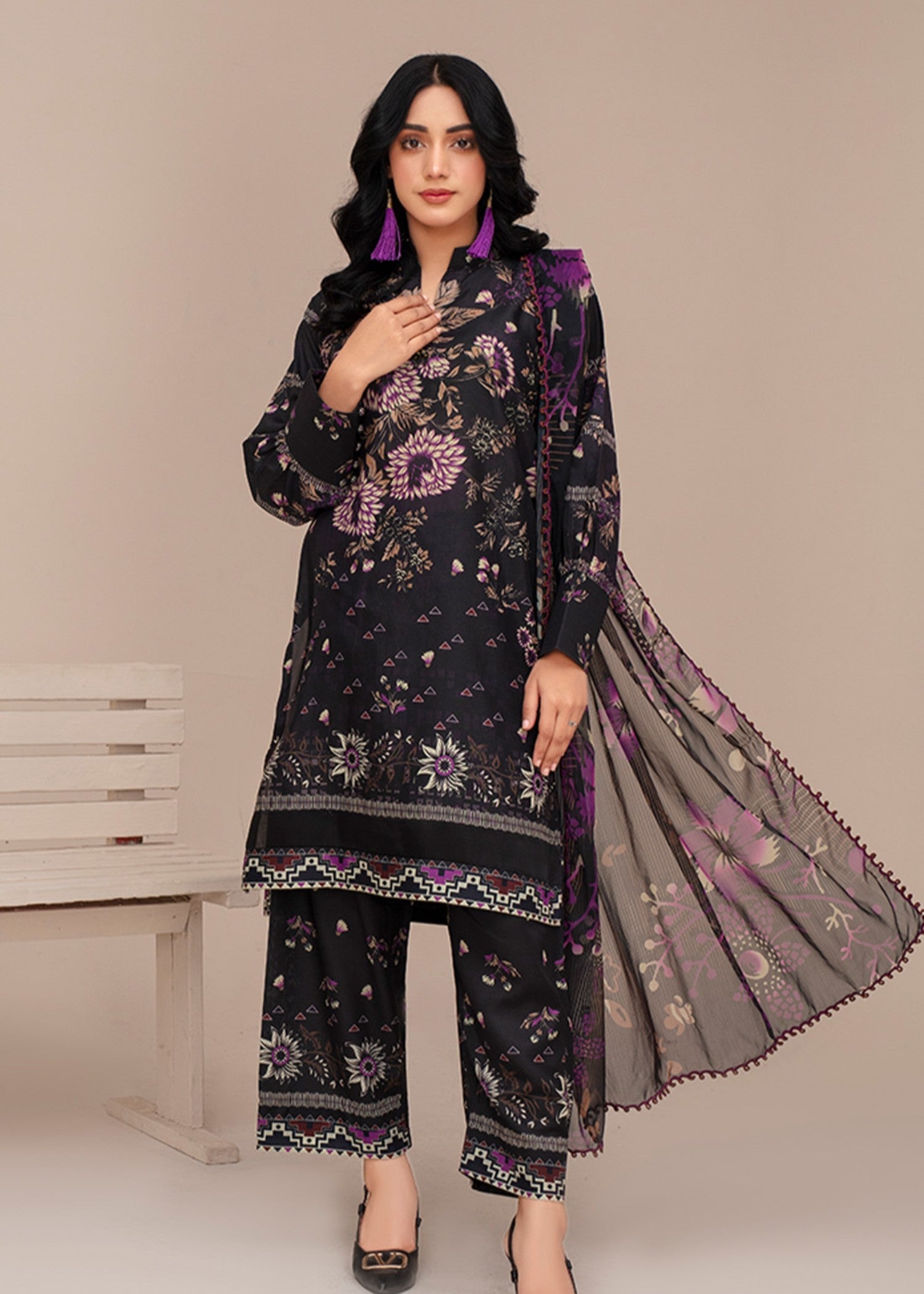 poly lawn Kurta Set in Charcoal black