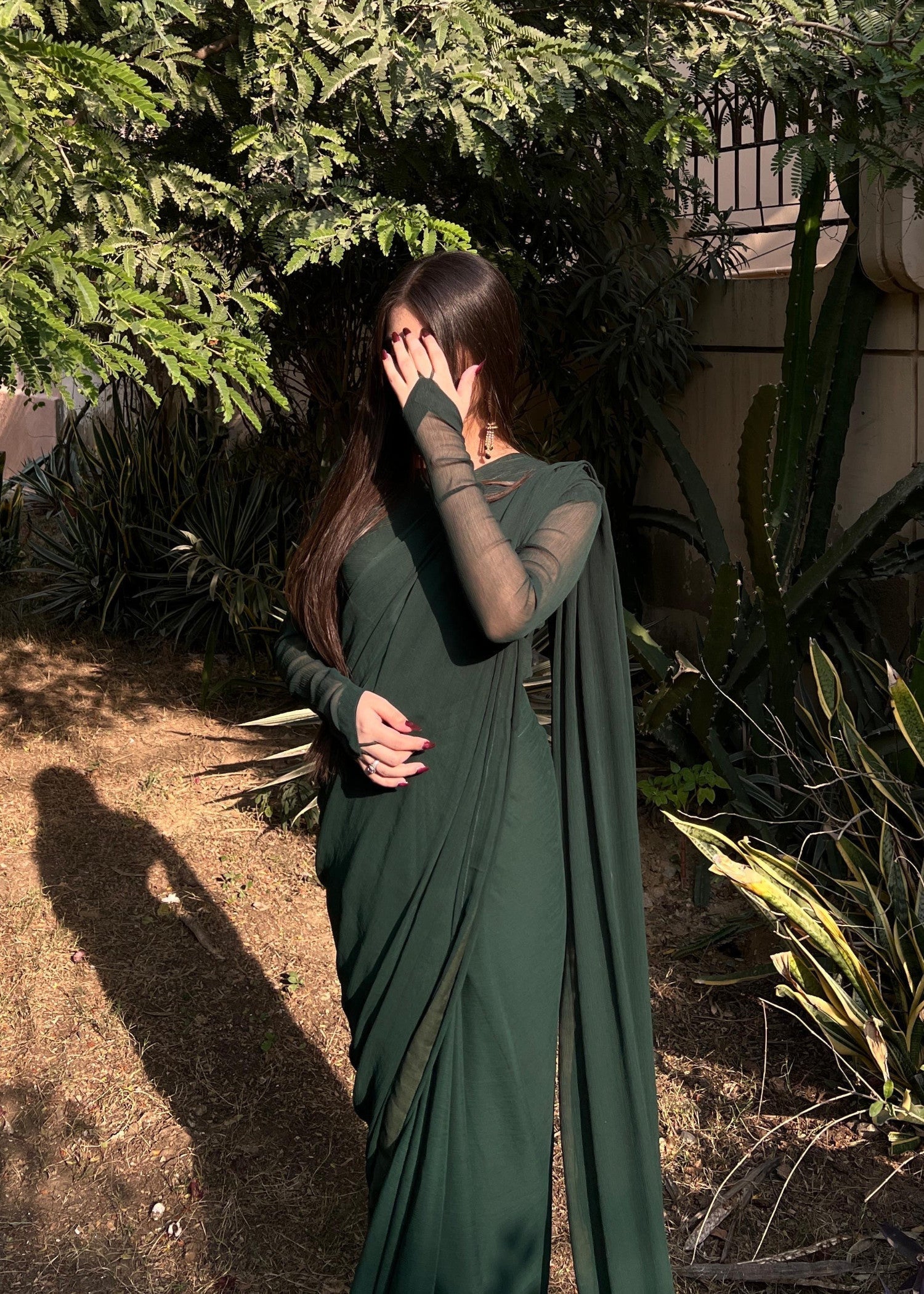 chiffon Saree in Bottle green