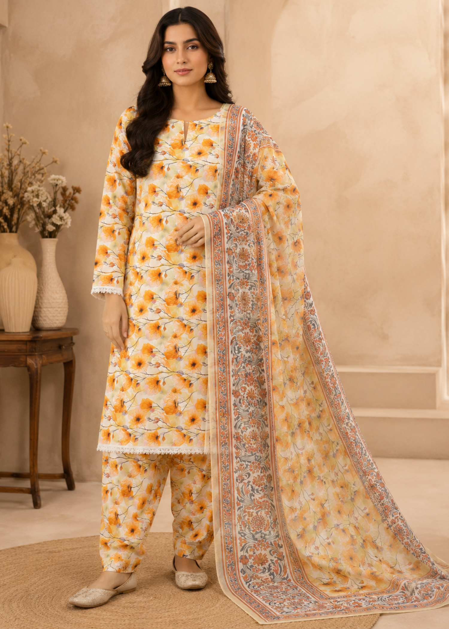 swiss lawn Unstitched in Off-white, yellow
