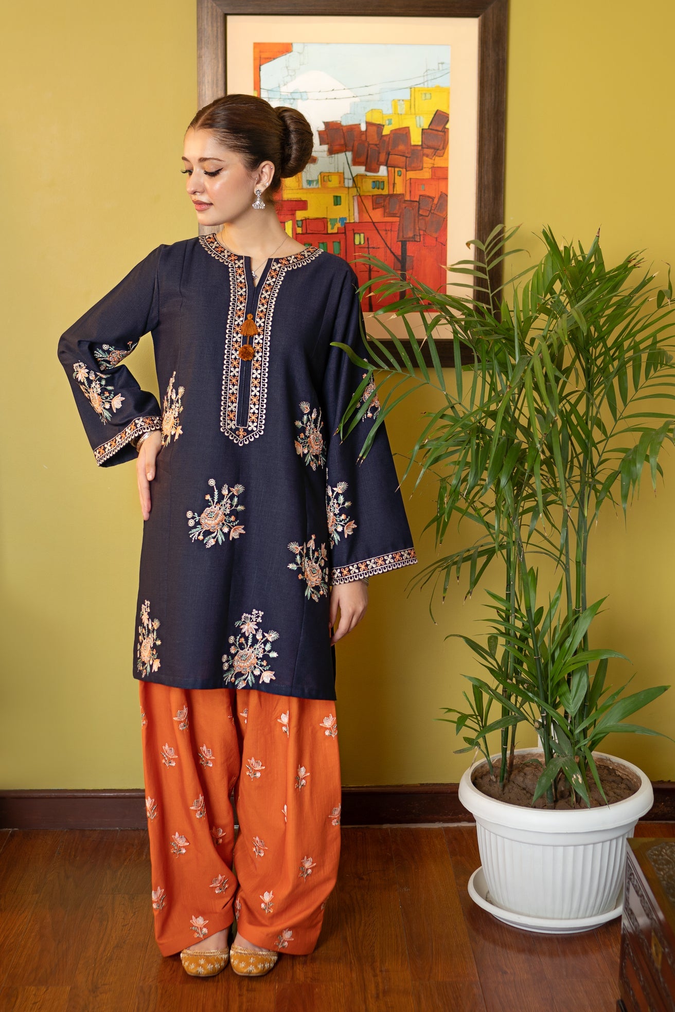 slub khaddar Kurta Set in Sunset orange, aegean blue