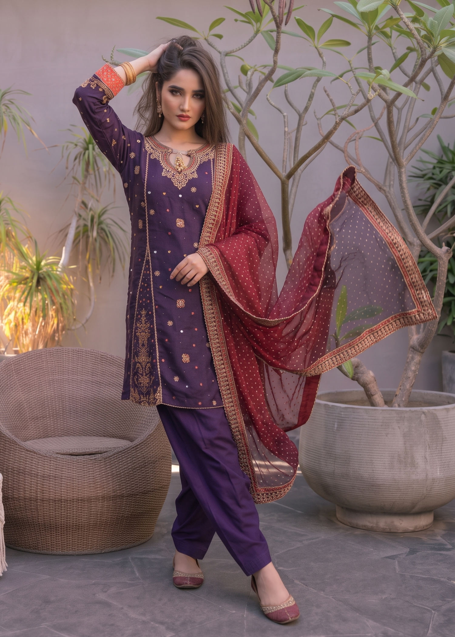 khaddi net Short Frock in Plum