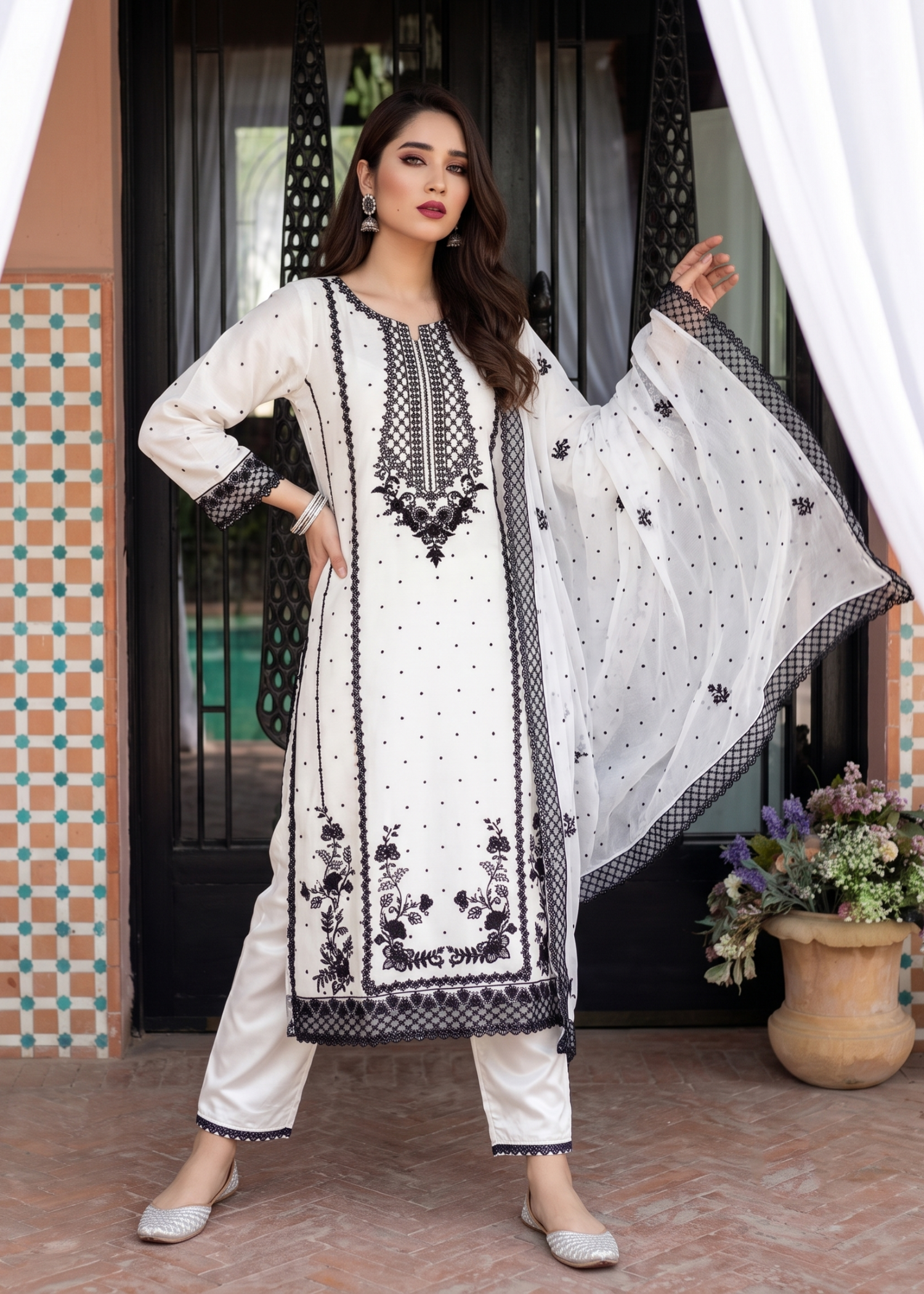 chiffon Kurta Set in White