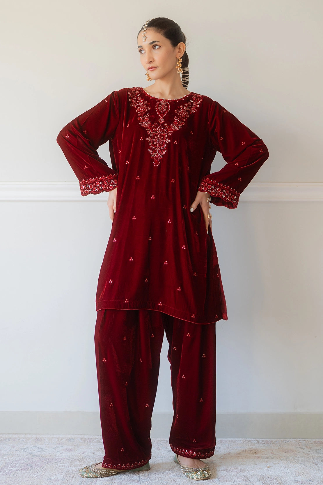 pashmina velvet Kurta Set in Blood red