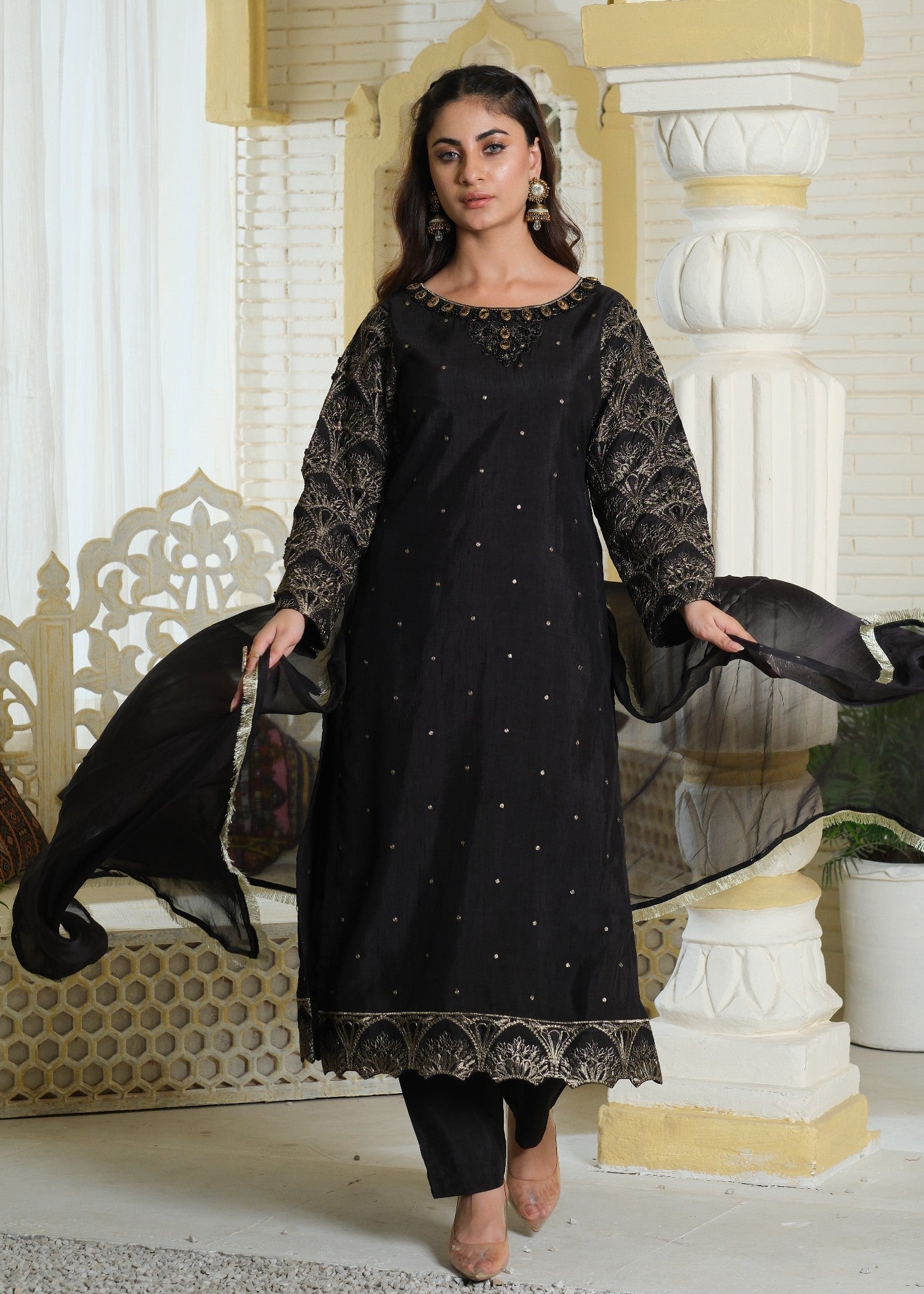 raw silk Kurta Set in Jet black