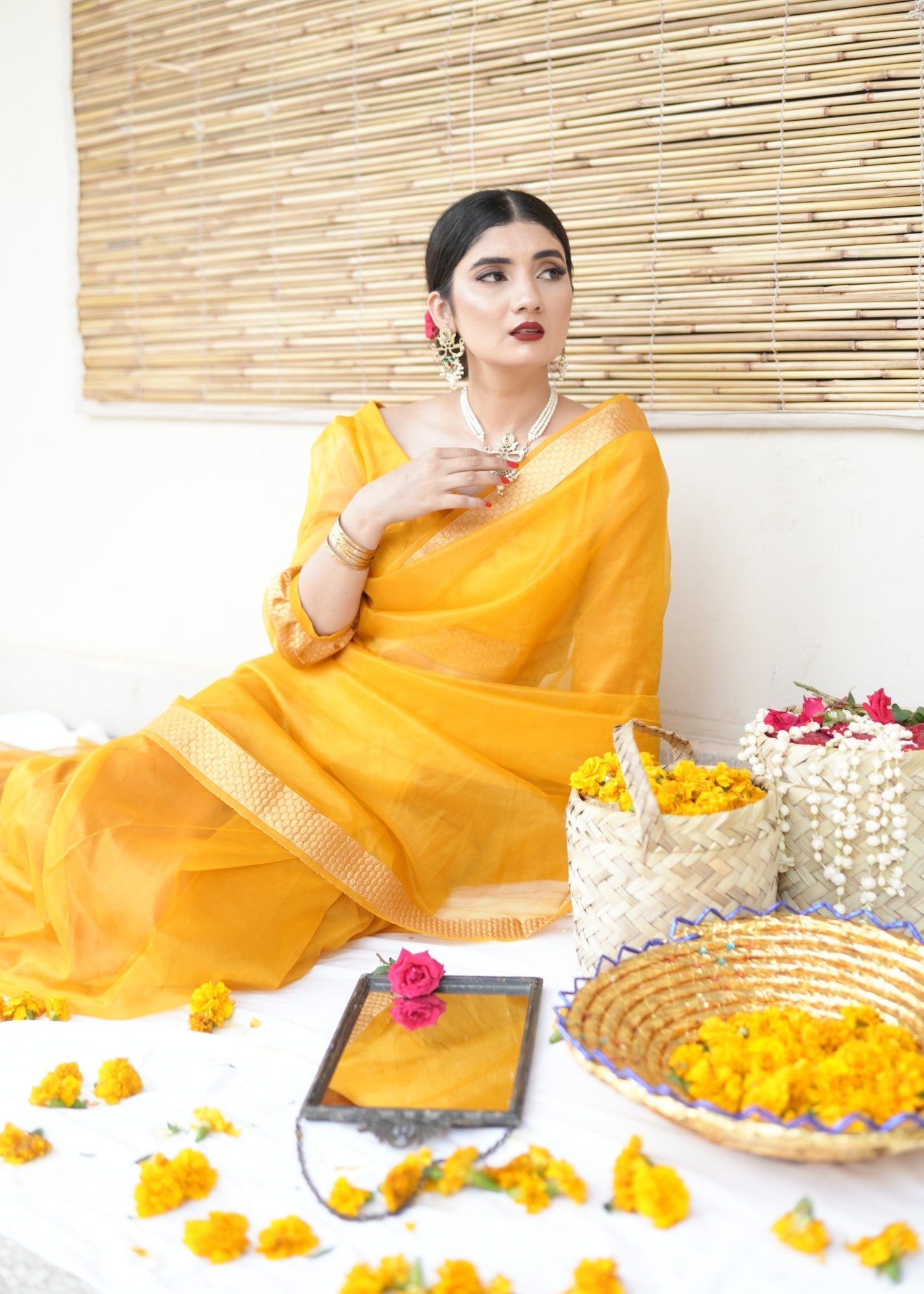 zari organza Saree in Mari gold