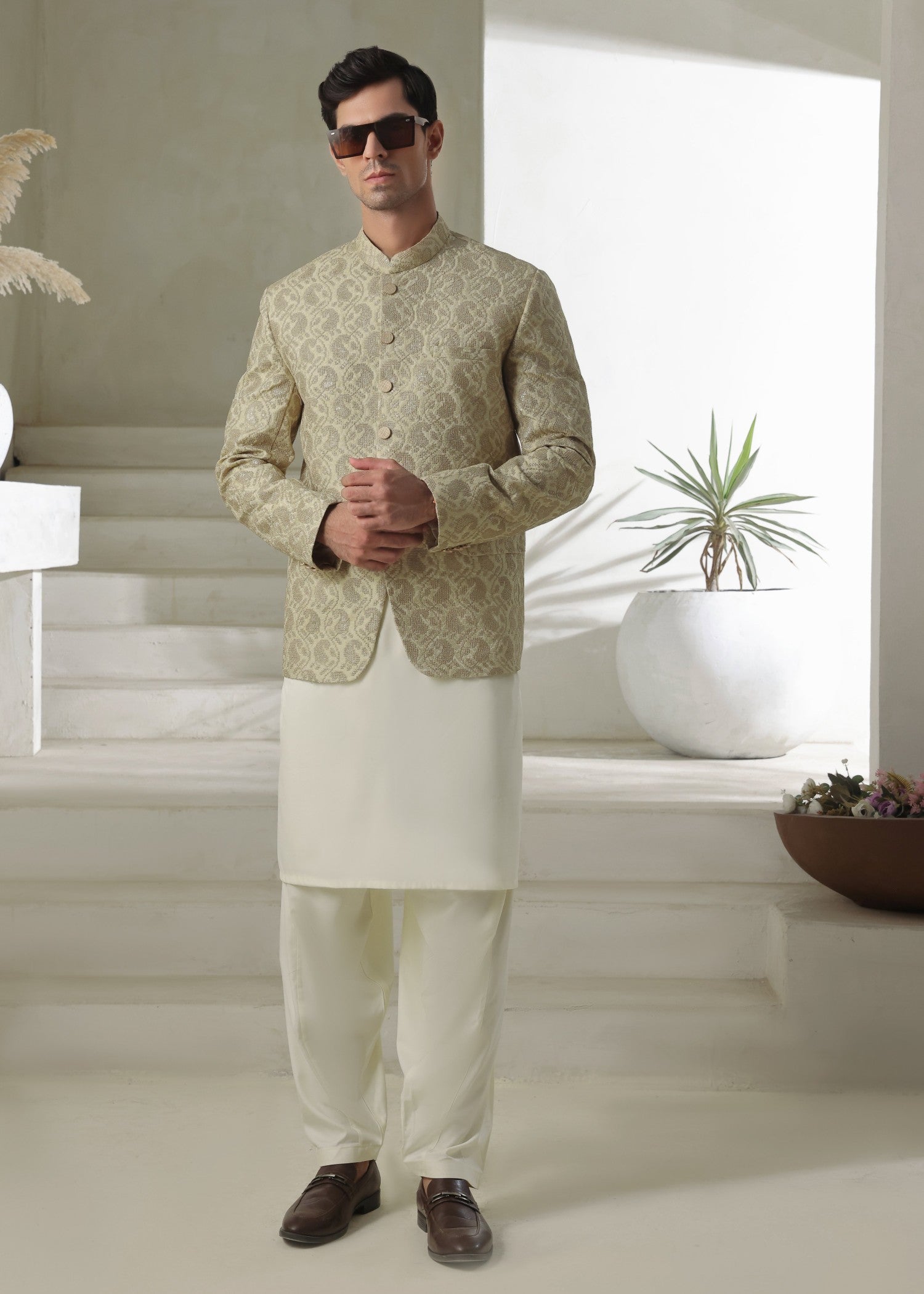 jamawar Prince Coat in Tea green