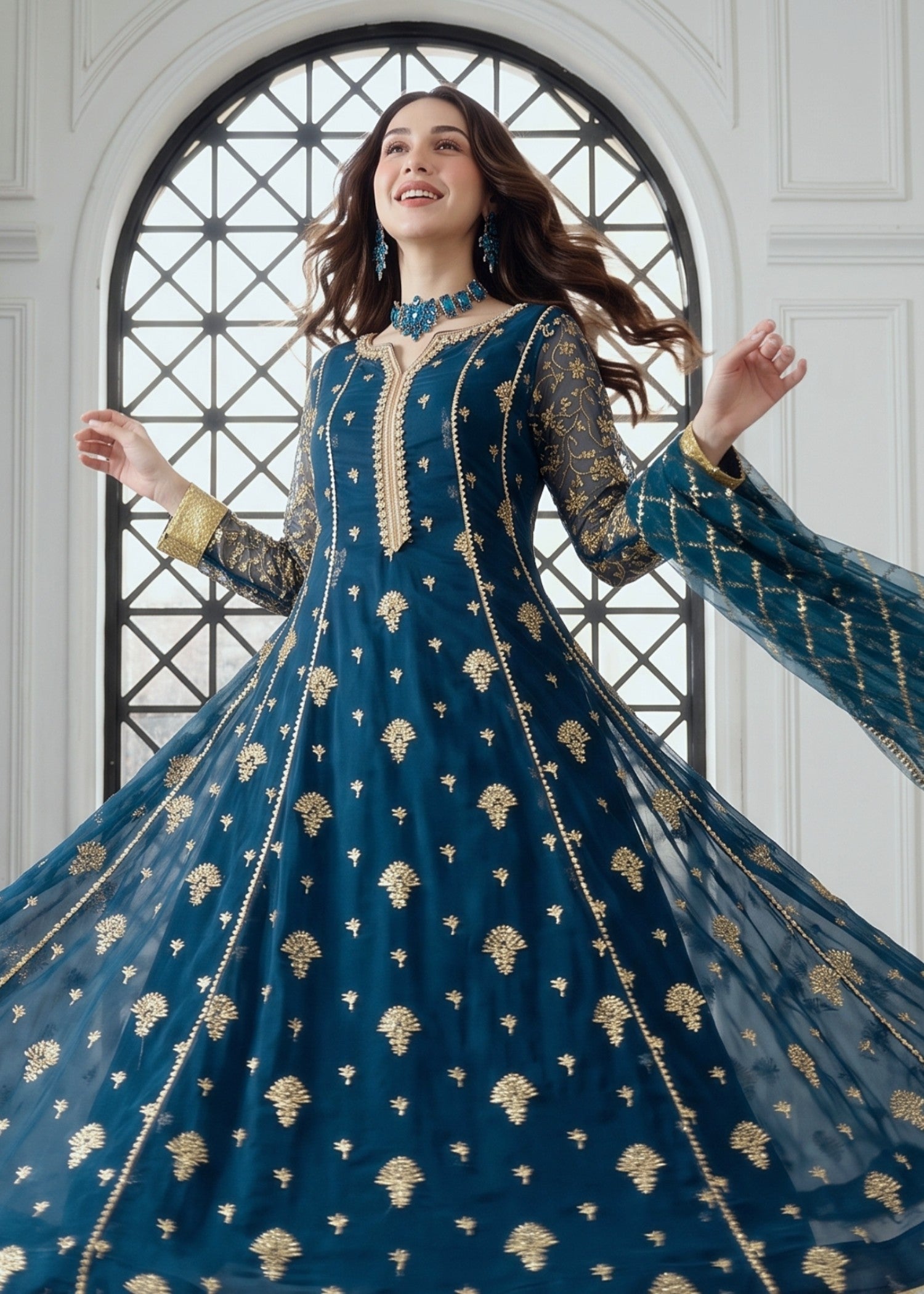 chiffon Anarkali in Prussian blue, twilight blue